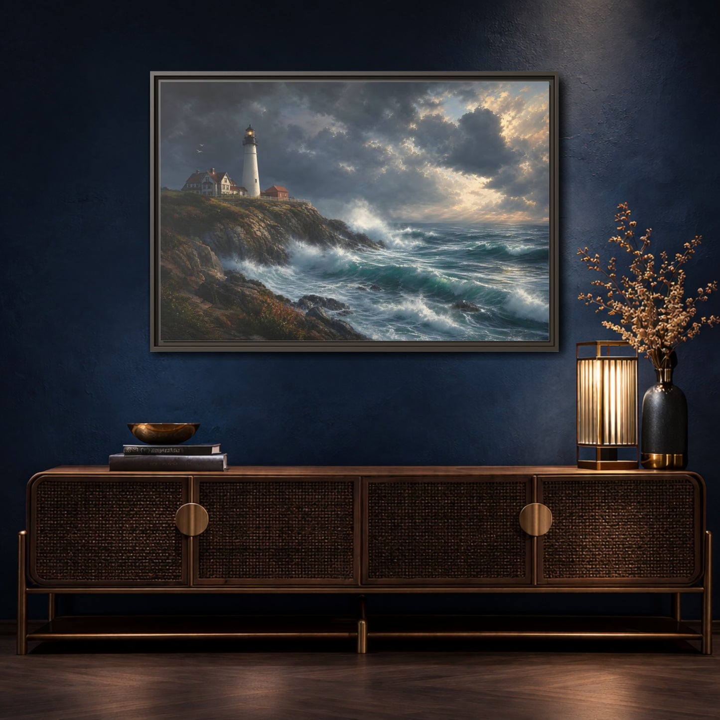 Mockup 4. Nature Lighthouse Stormy Lighthouse shown as stretched canvas wall art