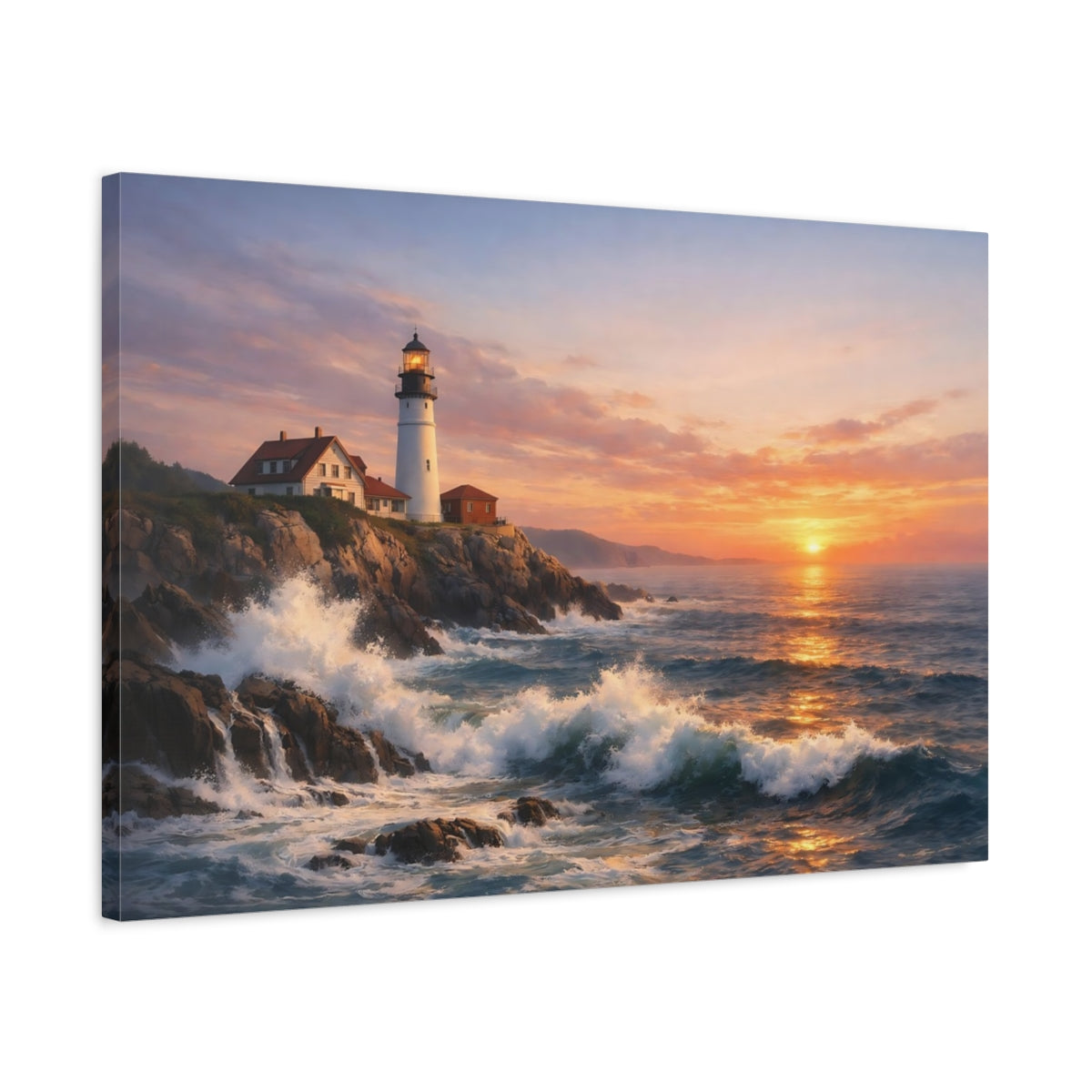 Side Mockup 2. Nature Lighthouse Lighthouse Sunset shown as stretched canvas wall art