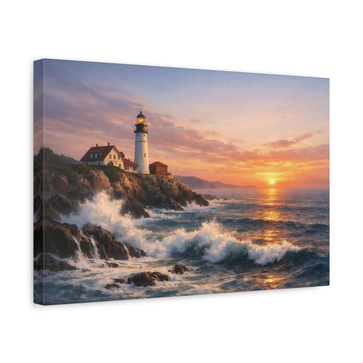 Side Mockup 4. Nature Lighthouse Lighthouse Sunset shown as stretched canvas wall art
