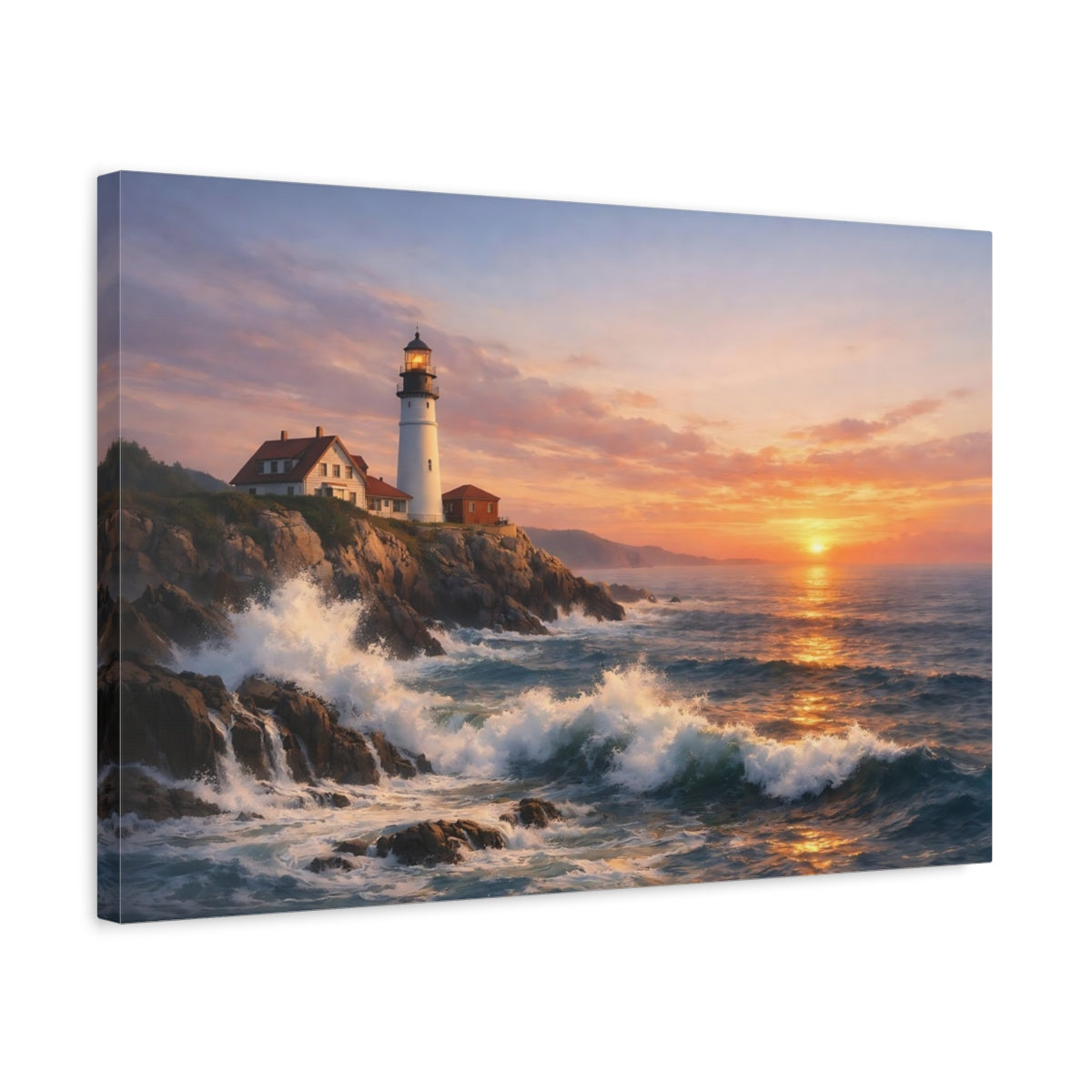 Side Mockup 3. Nature Lighthouse Lighthouse Sunset shown as stretched canvas wall art