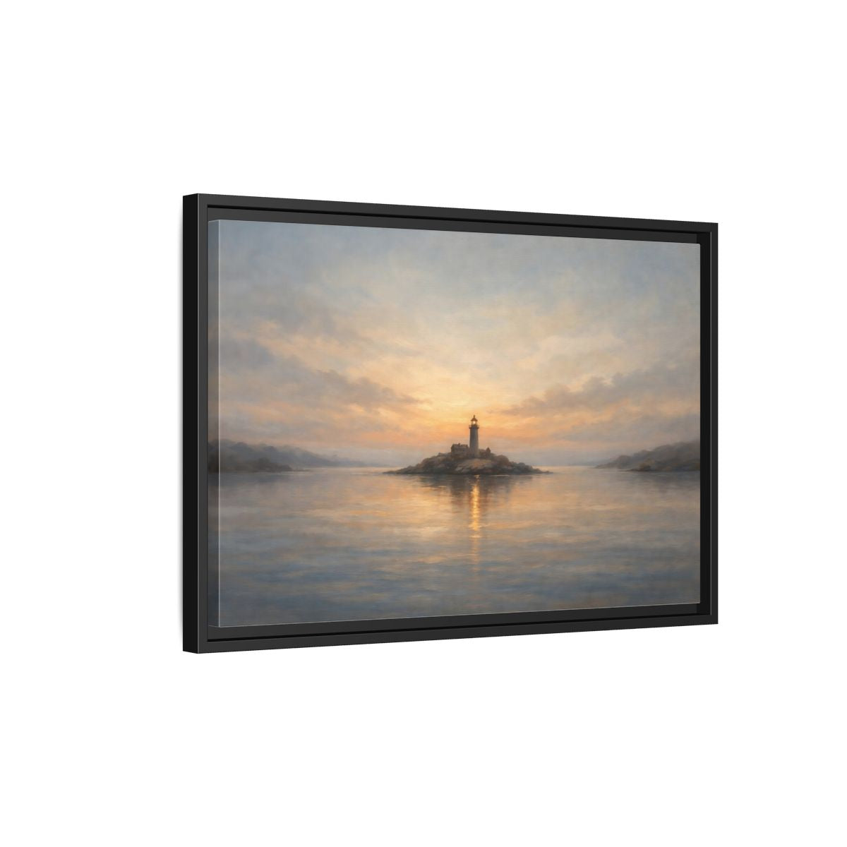 Side Mockup 3. Nature Lighthouse Lighthouse Sunset shown as stretched canvas wall art
