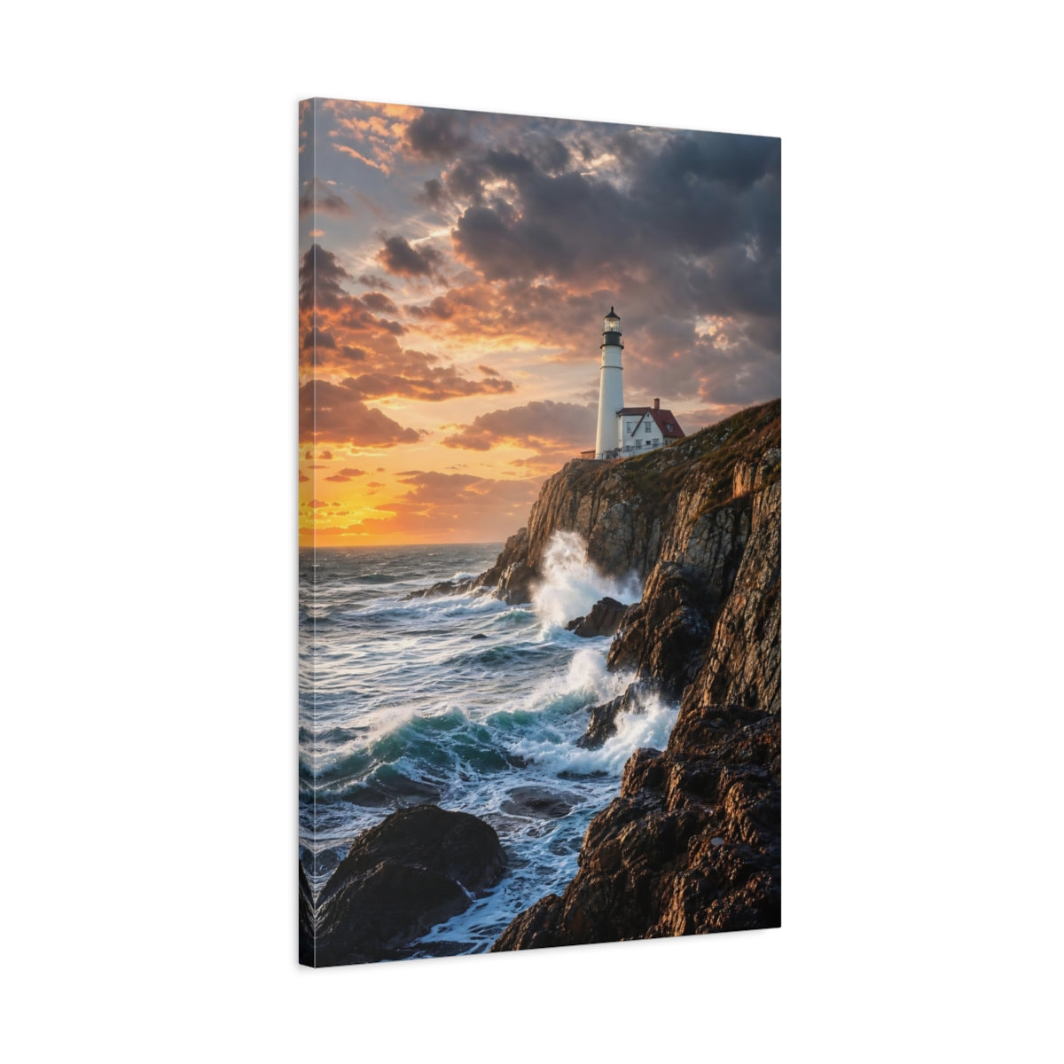 Side Mockup 2. Nature Lighthouse Lighthouse Sunset Ocean shown as stretched canvas wall art