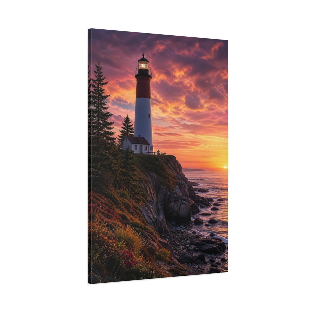 Side Mockup 1. Nature Lighthouse Vibrant Sunset Lighthouse shown as stretched canvas wall art