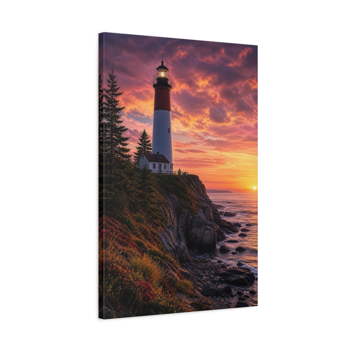 Side Mockup 2. Nature Lighthouse Vibrant Sunset Lighthouse shown as stretched canvas wall art