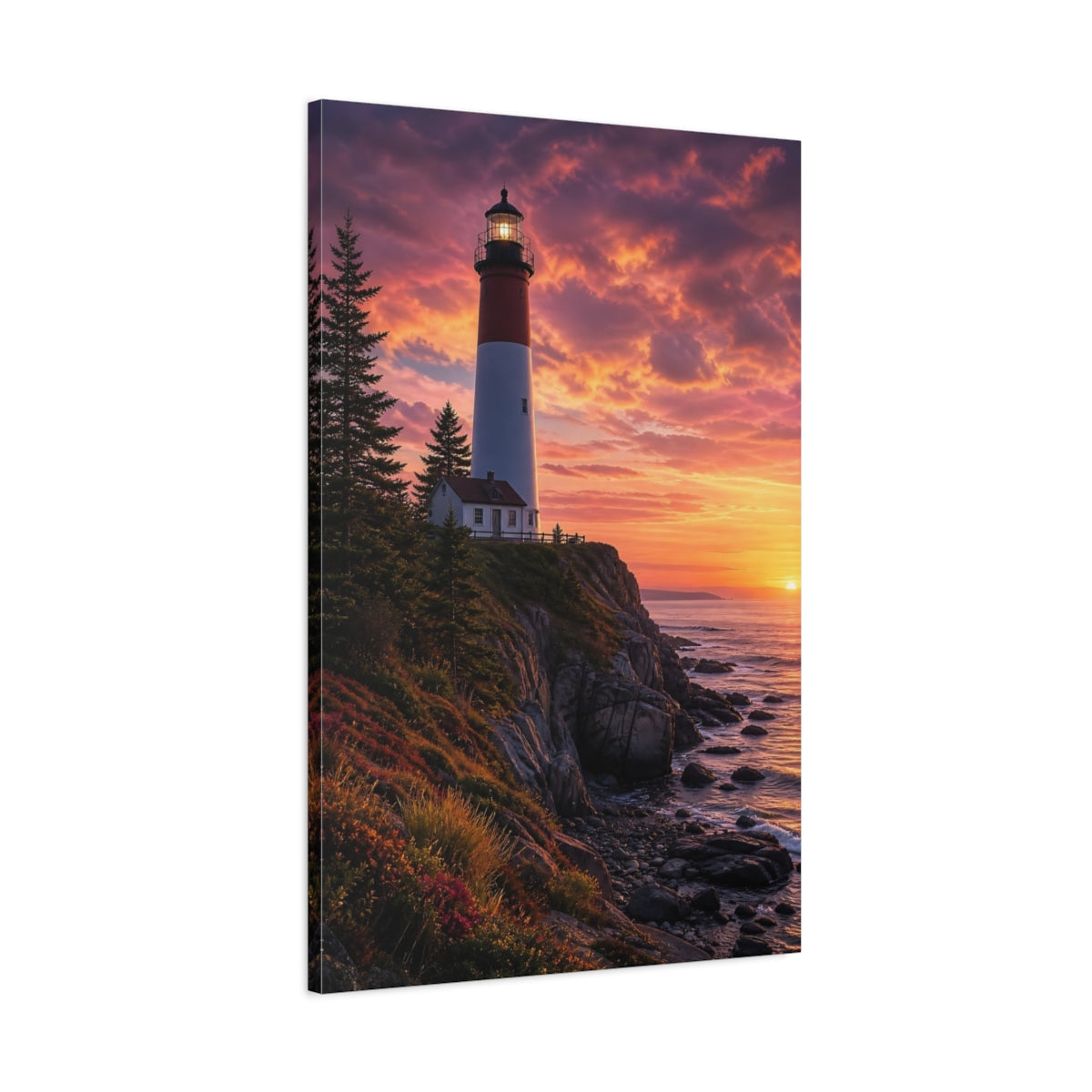 Main Mockup. Nature Lighthouse Vibrant Sunset Lighthouse shown as stretched canvas wall art