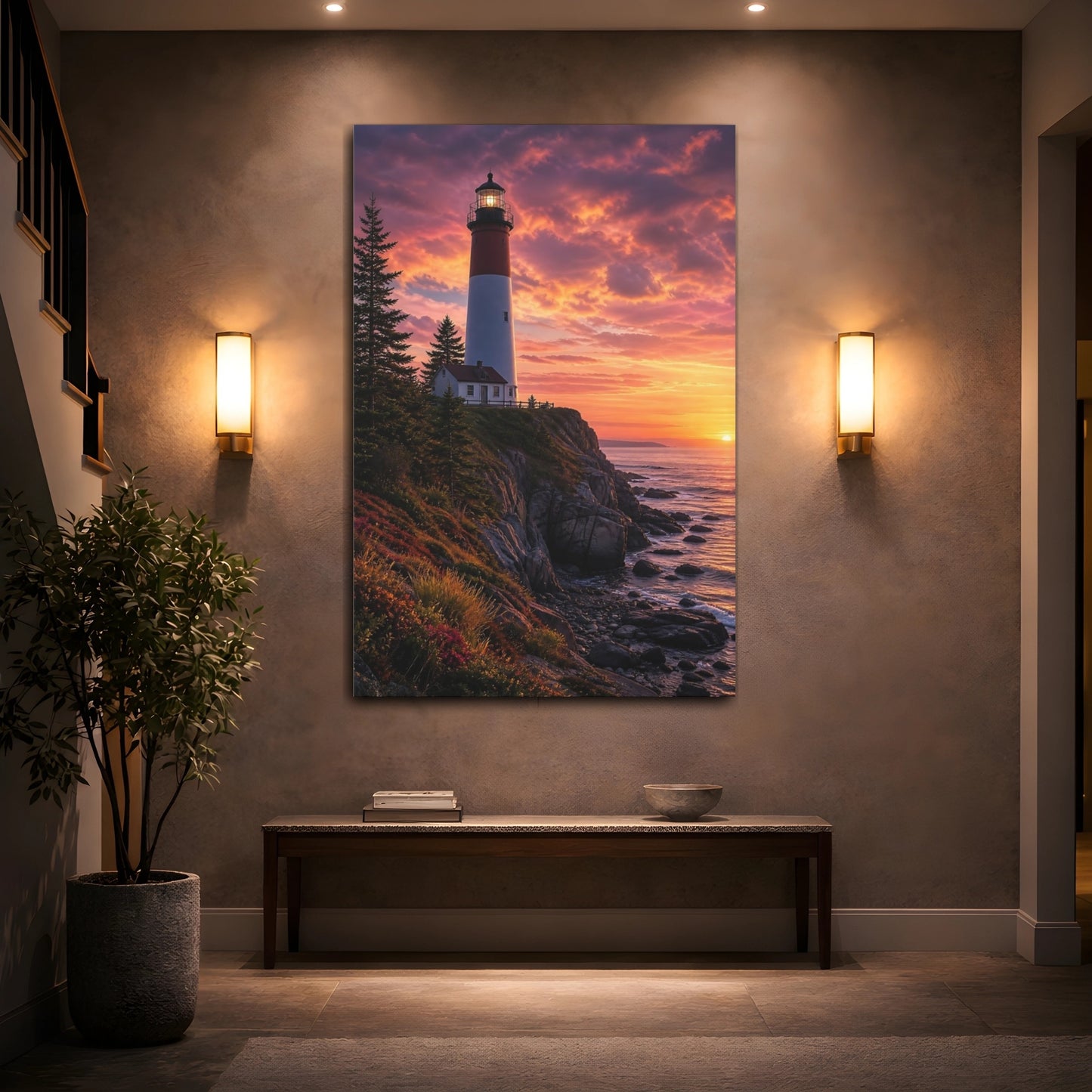 Mockup 2. Nature Lighthouse Vibrant Sunset Lighthouse shown as stretched canvas wall art