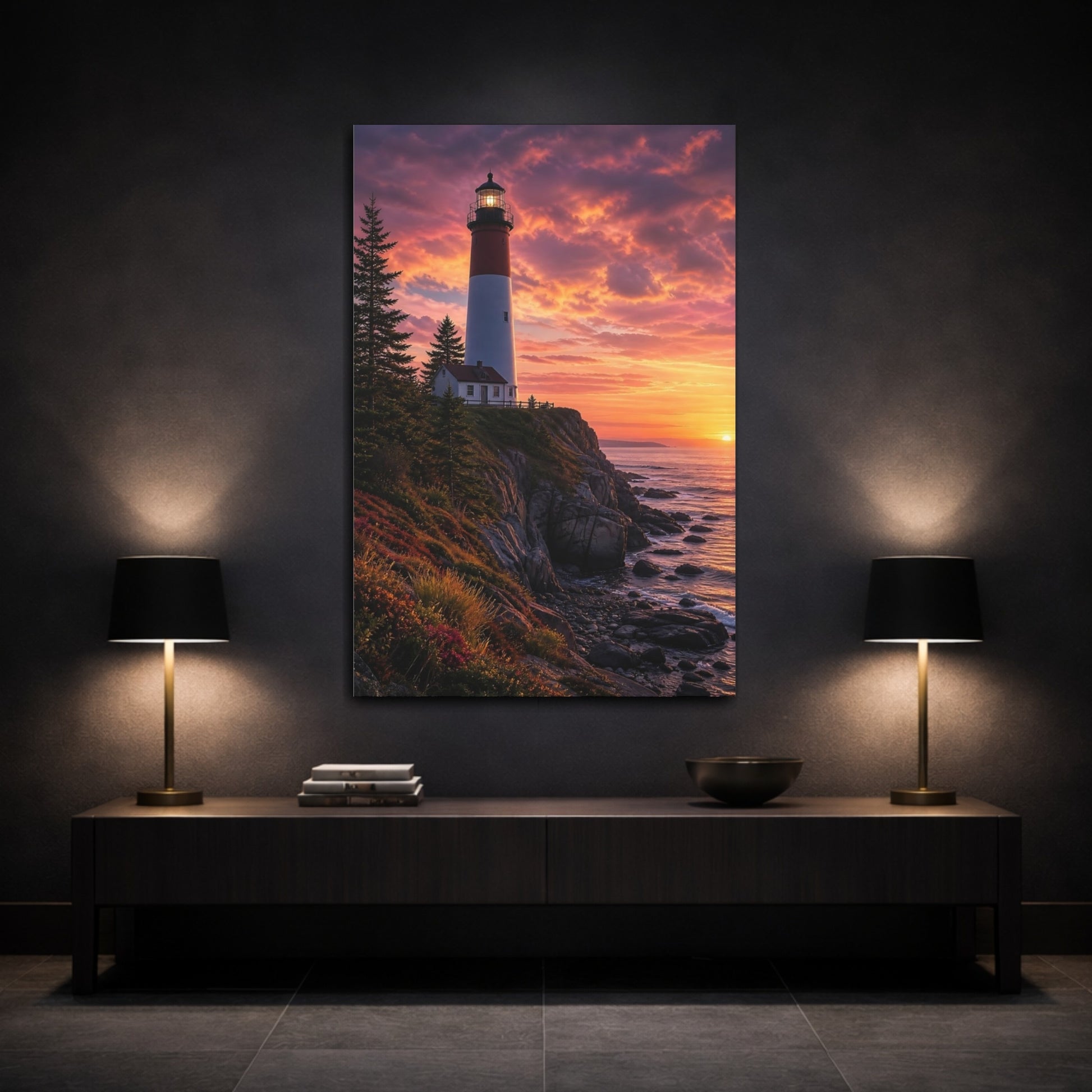 Mockup 3. Nature Lighthouse Vibrant Sunset Lighthouse shown as stretched canvas wall art