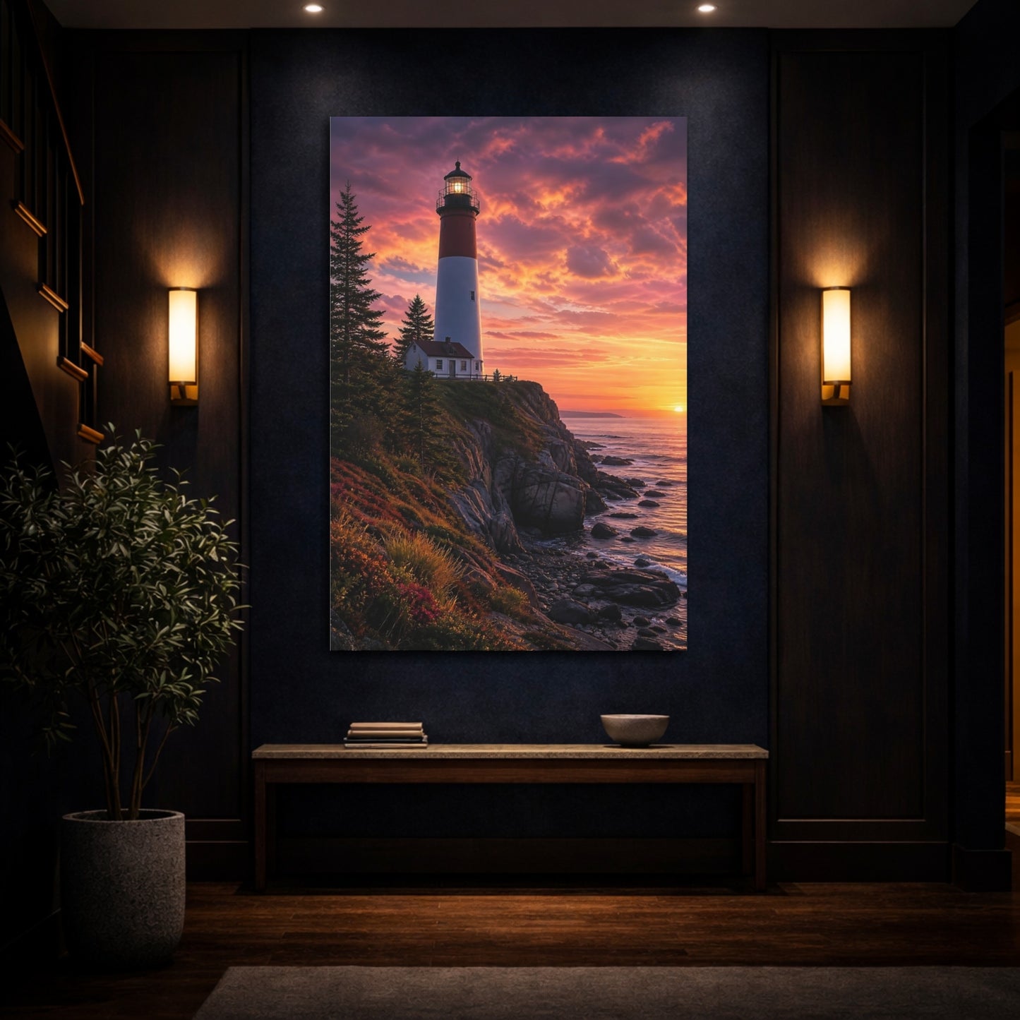 Mockup 4. Nature Lighthouse Vibrant Sunset Lighthouse shown as stretched canvas wall art