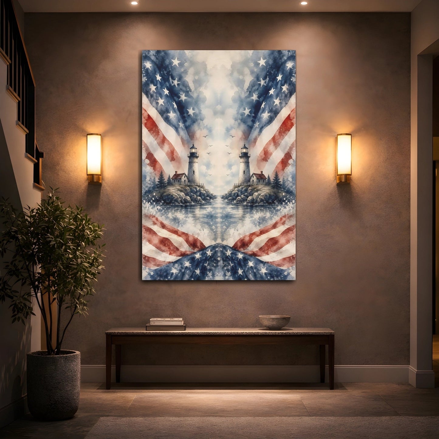 Nature Lighthouses Red White Blue Canvas Print – Living Room, Large Wall, - YesArtYes