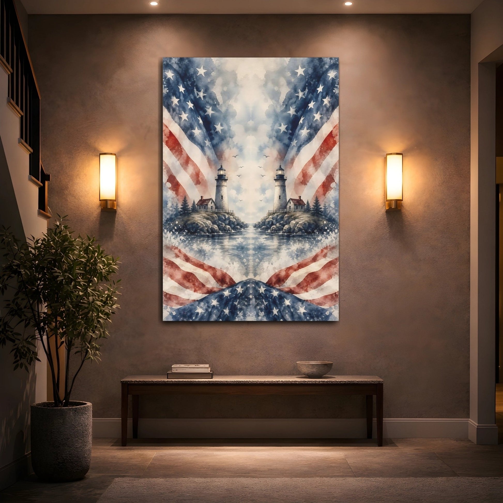 Nature Lighthouses Red White Blue Canvas Print – Living Room, Large Wall, - YesArtYes