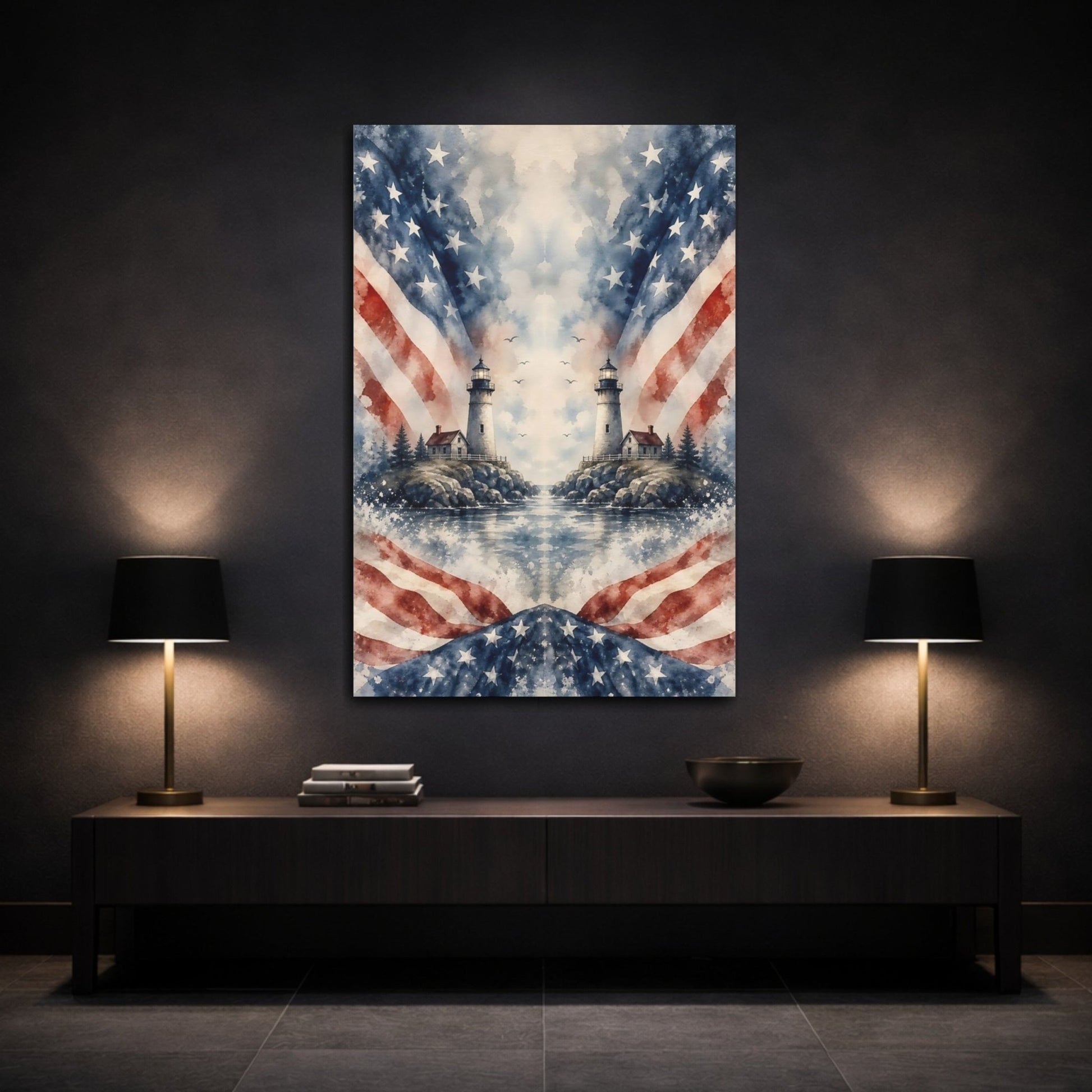 Nature Lighthouses Red White Blue Canvas Print – Living Room, Large Wall, - YesArtYes