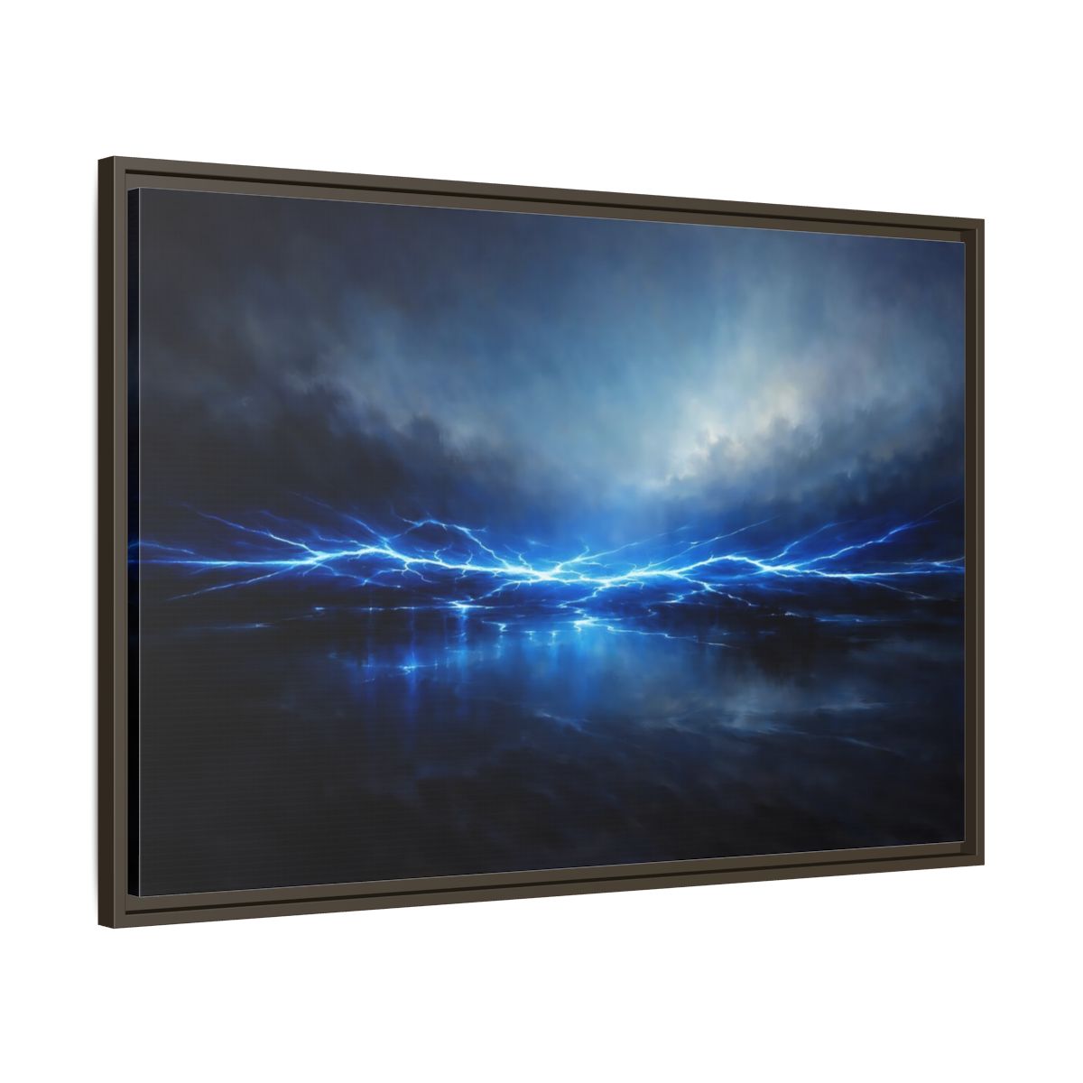 Side Mockup 9. Nature Lightning Blue Lightning shown as stretched canvas wall art