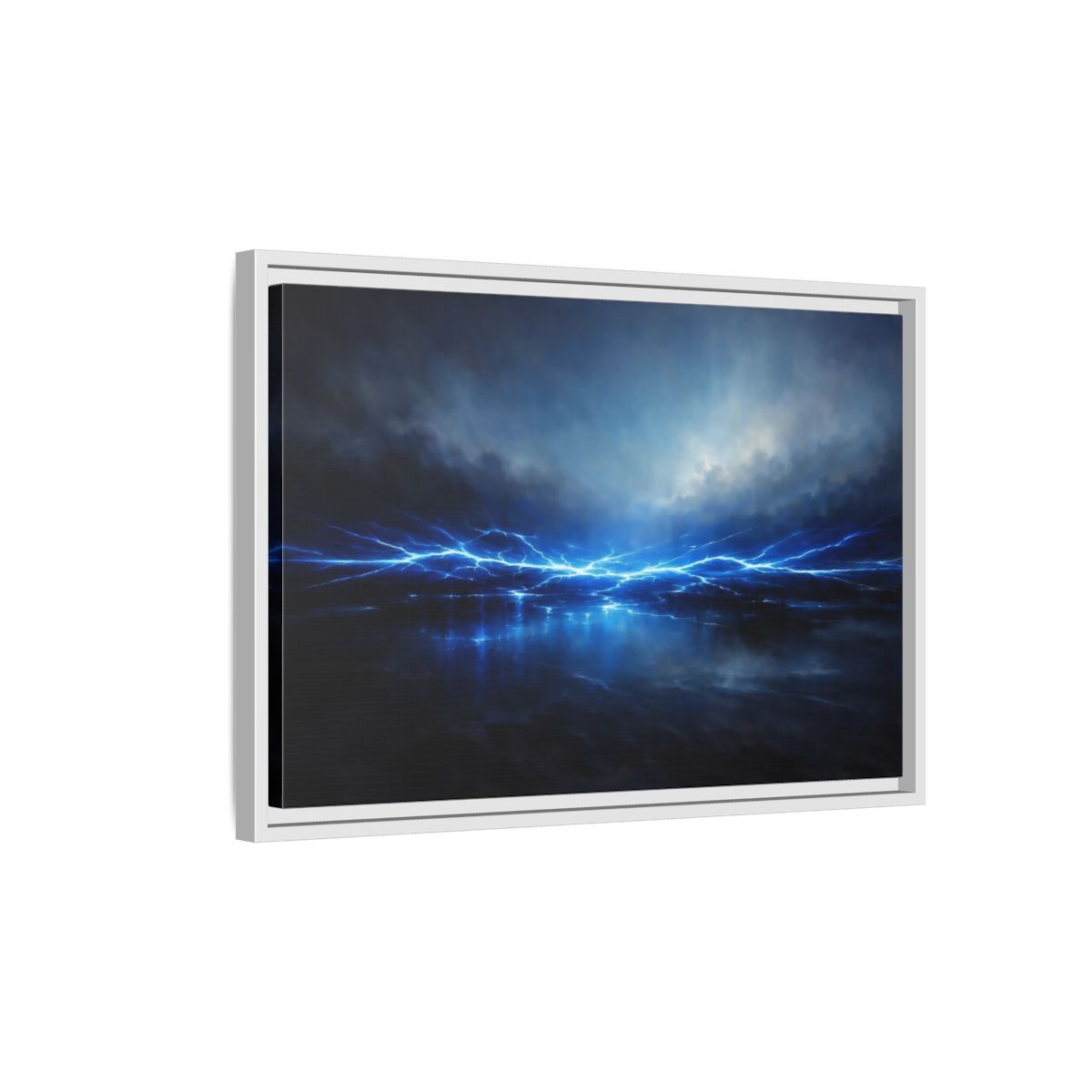 Side Mockup 1. Nature Lightning Blue Lightning shown as stretched canvas wall art