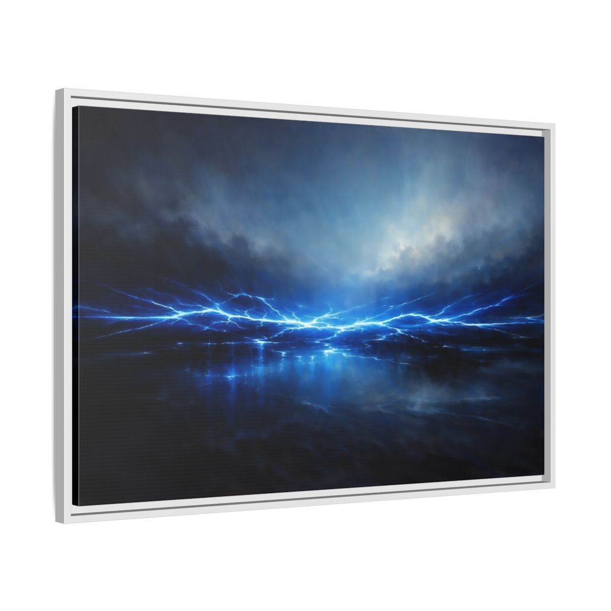 Side Mockup 8. Nature Lightning Blue Lightning shown as stretched canvas wall art