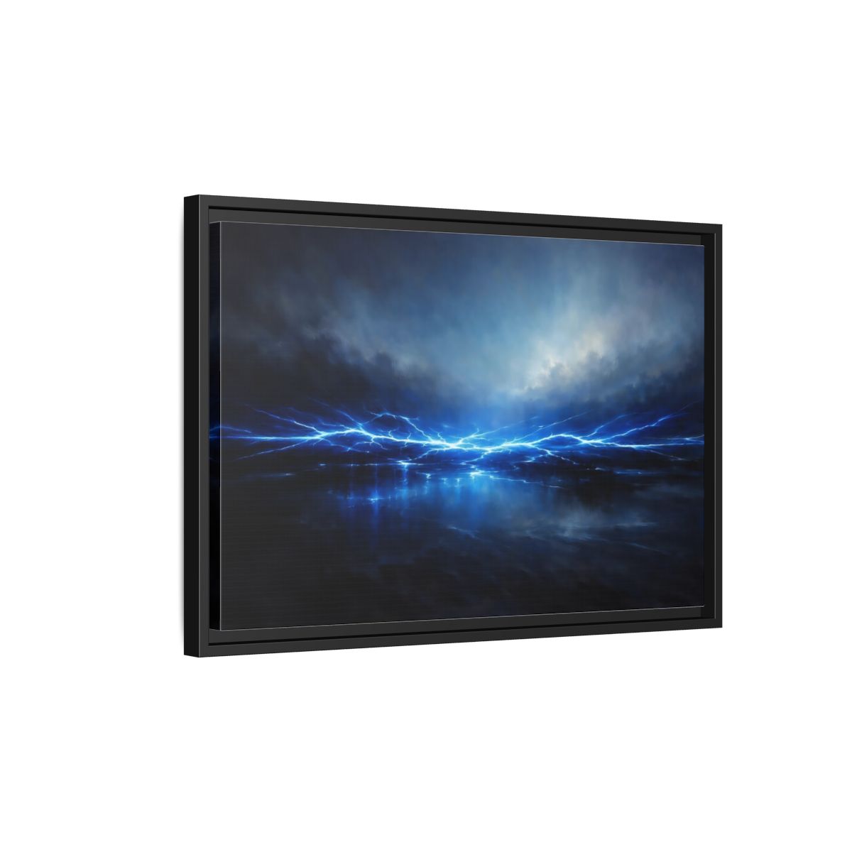 Side Mockup 3. Nature Lightning Blue Lightning shown as stretched canvas wall art