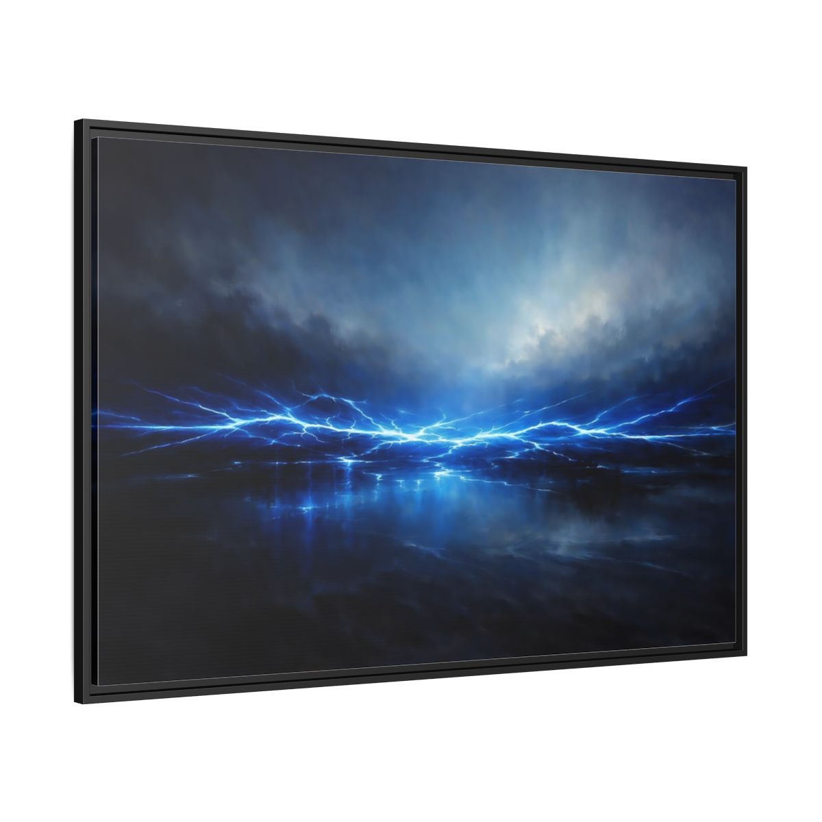 Side Mockup 12. Nature Lightning Blue Lightning shown as stretched canvas wall art
