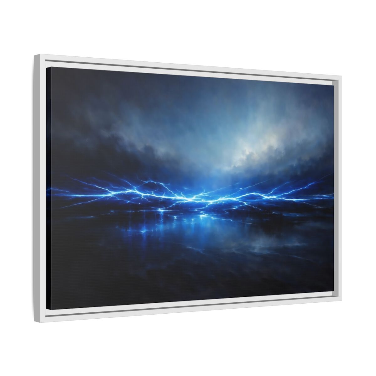 Side Mockup 10. Nature Lightning Blue Lightning shown as stretched canvas wall art