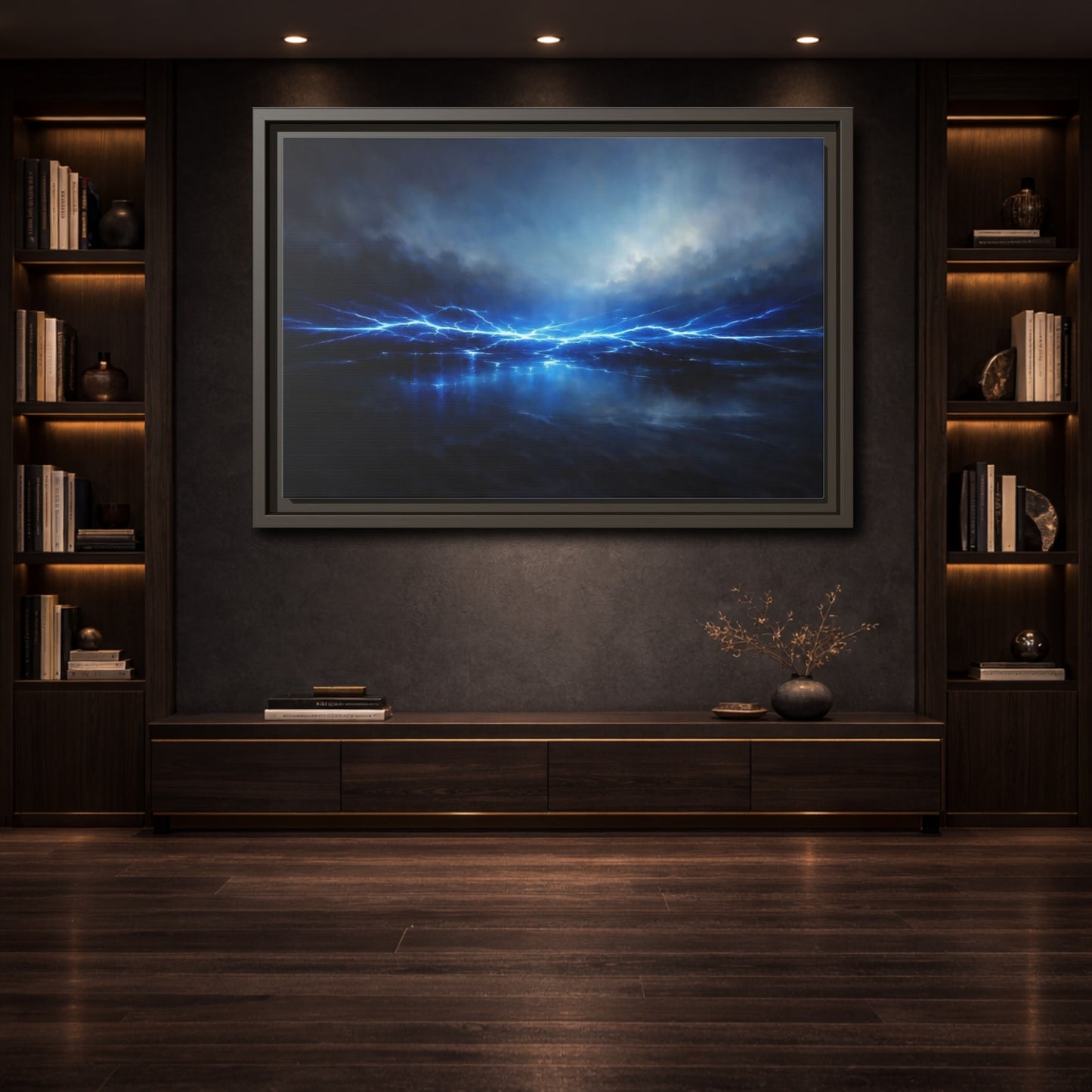 Mockup 3. Nature Lightning Blue Lightning shown as stretched canvas wall art