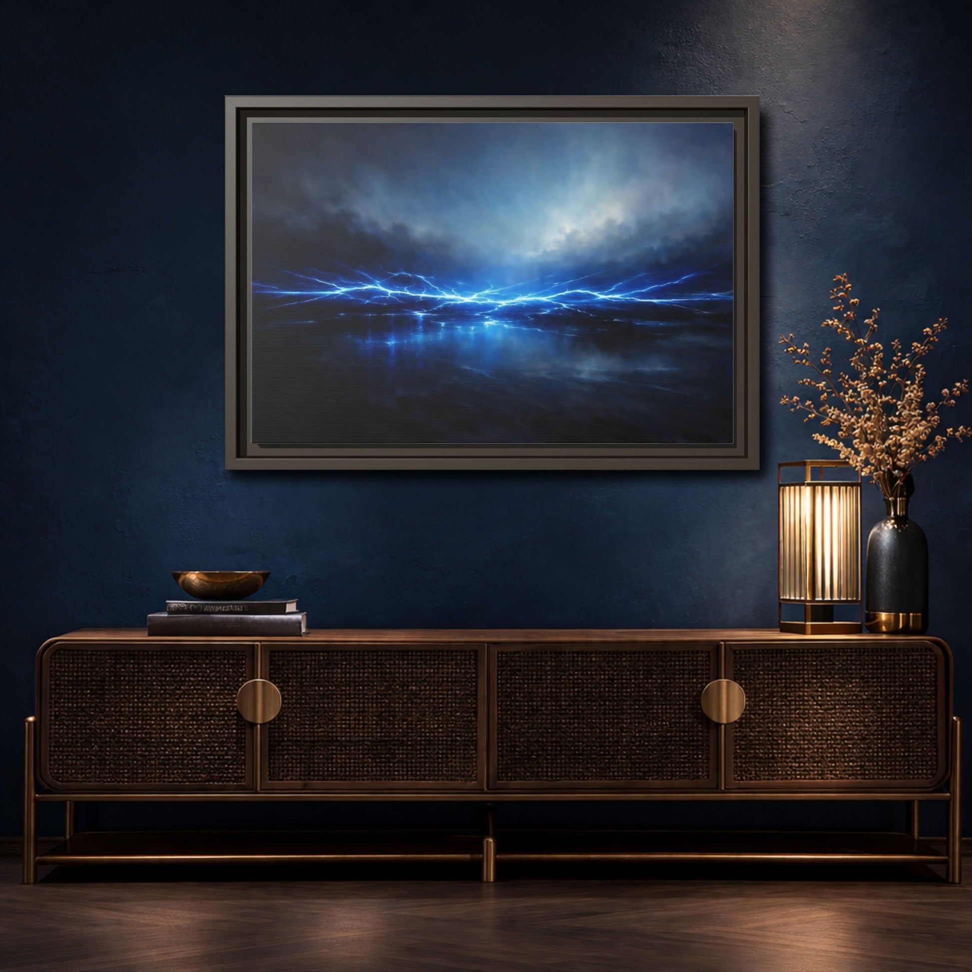Mockup 4. Nature Lightning Blue Lightning shown as stretched canvas wall art