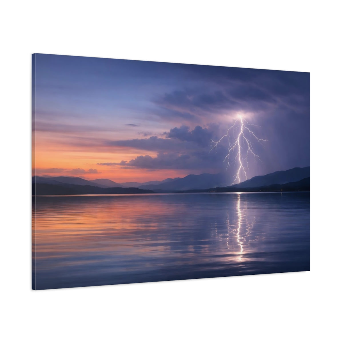 Side Mockup 1. Nature Lightning Dramatic Lake Lightning shown as stretched canvas wall art