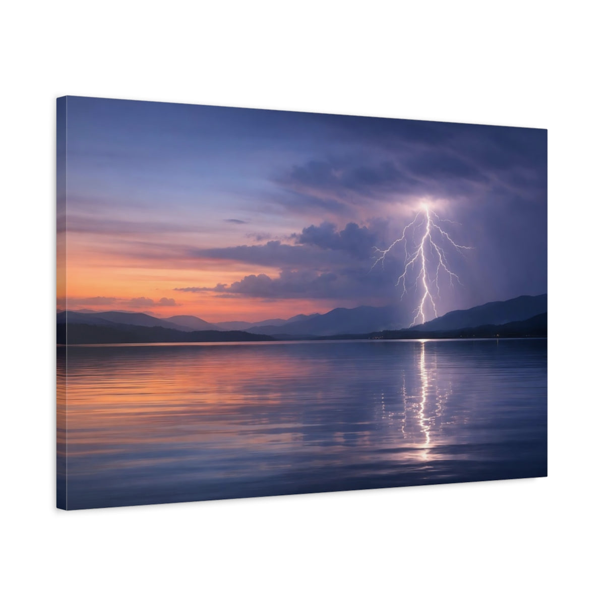 Side Mockup 2. Nature Lightning Dramatic Lake Lightning shown as stretched canvas wall art