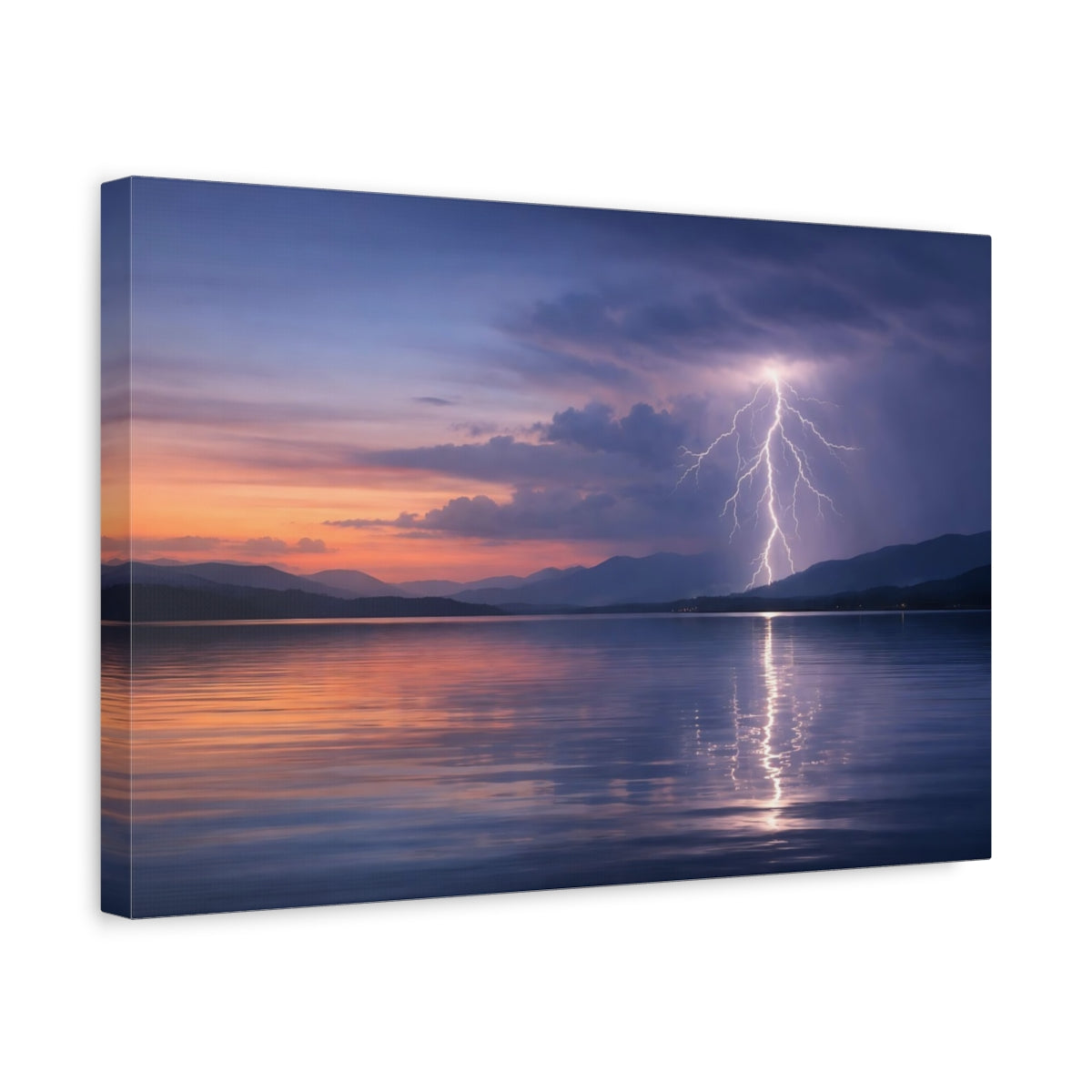 Side Mockup 4. Nature Lightning Dramatic Lake Lightning shown as stretched canvas wall art