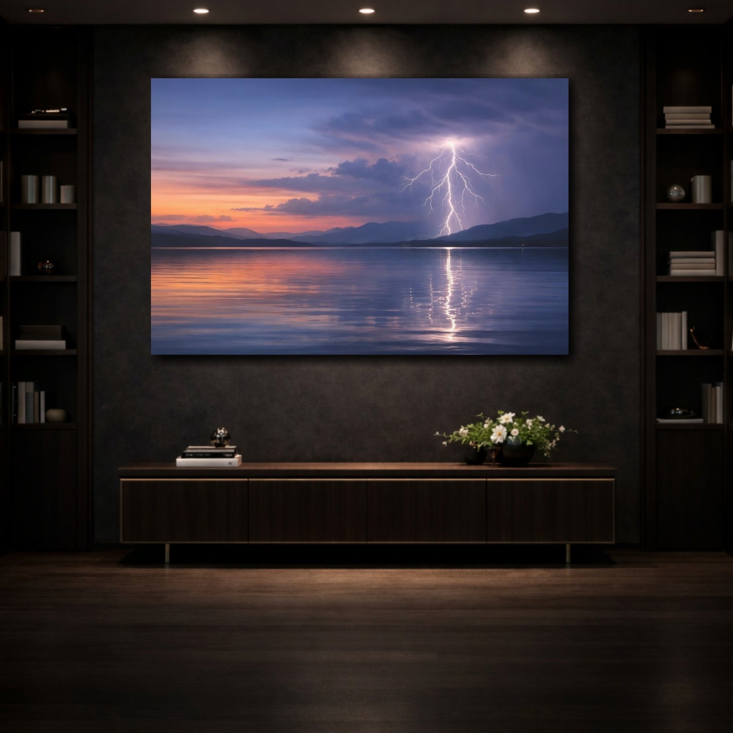 Mockup 3. Nature Lightning Dramatic Lake Lightning shown as stretched canvas wall art