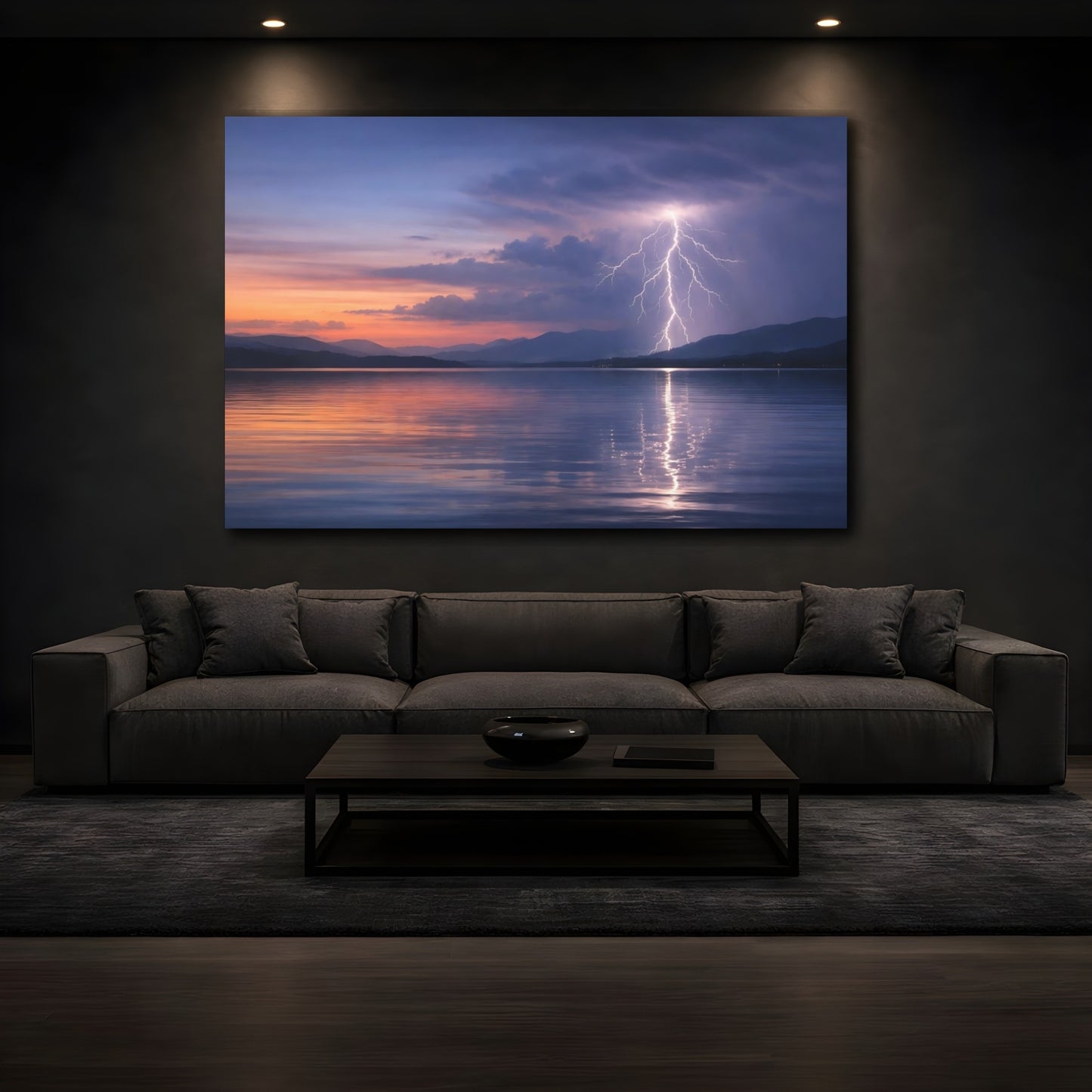 Mockup 4. Nature Lightning Dramatic Lake Lightning shown as stretched canvas wall art