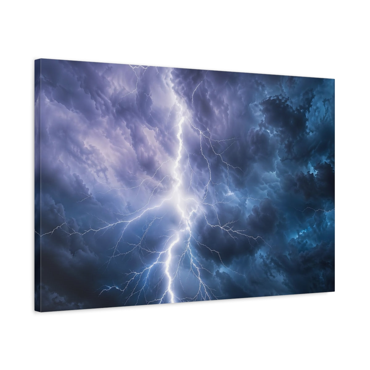 Side Mockup 2. Nature Lightning Storm Blue And Purple Storm shown as stretched canvas wall art