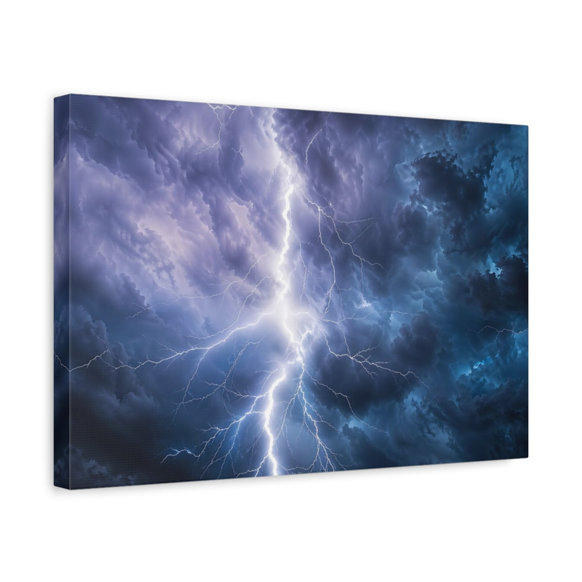 Side Mockup 4. Nature Lightning Storm Blue And Purple Storm shown as stretched canvas wall art
