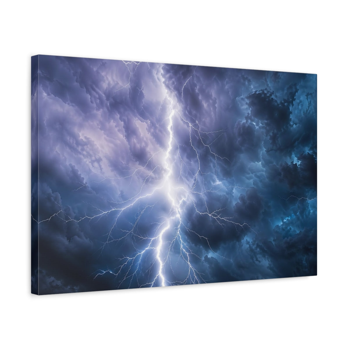 Side Mockup 3. Nature Lightning Storm Blue And Purple Storm shown as stretched canvas wall art