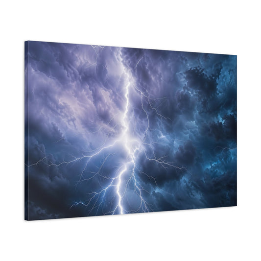 Main Mockup. Nature Lightning Storm Blue And Purple Storm shown as stretched canvas wall art