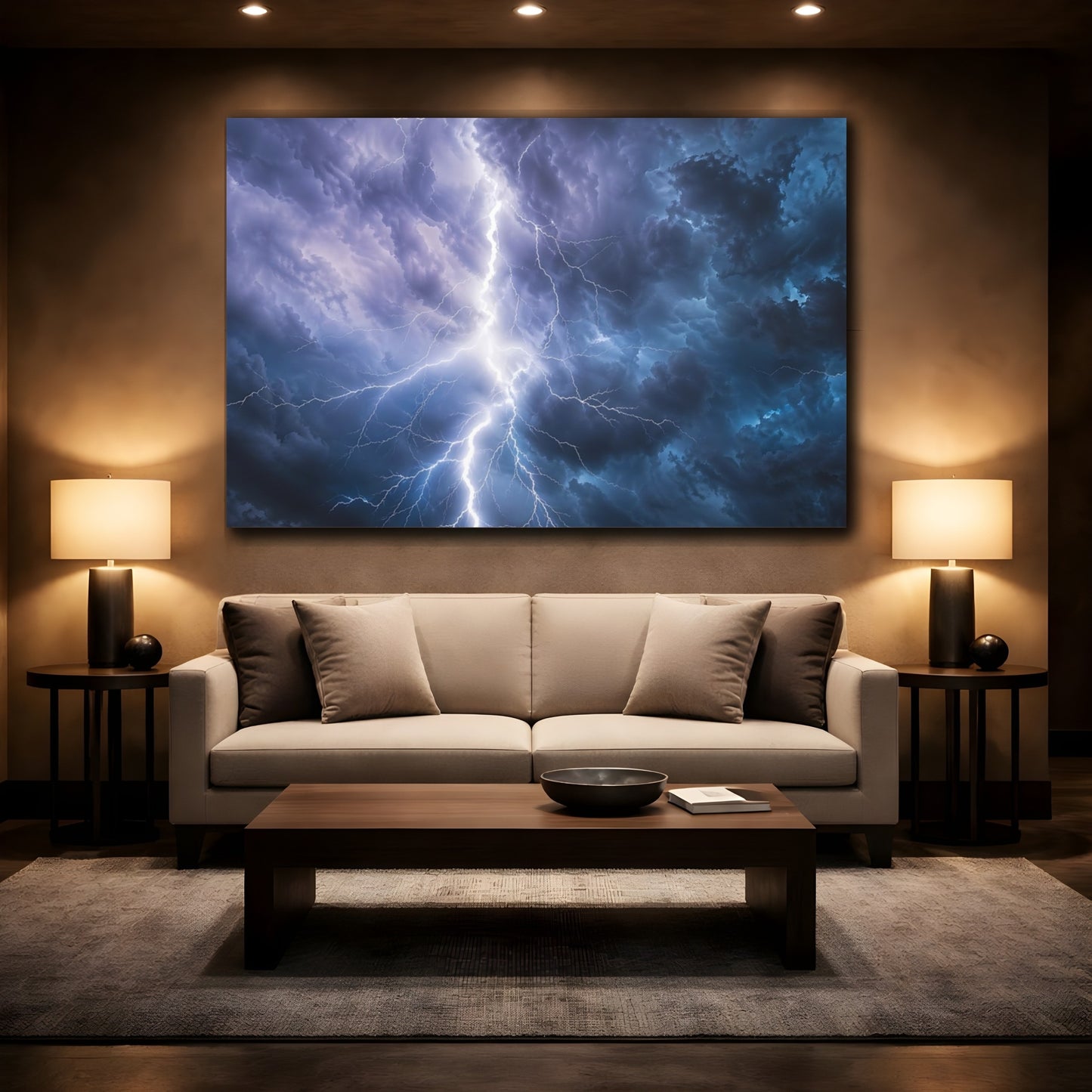 Mockup 2. Nature Lightning Storm Blue And Purple Storm shown as stretched canvas wall art