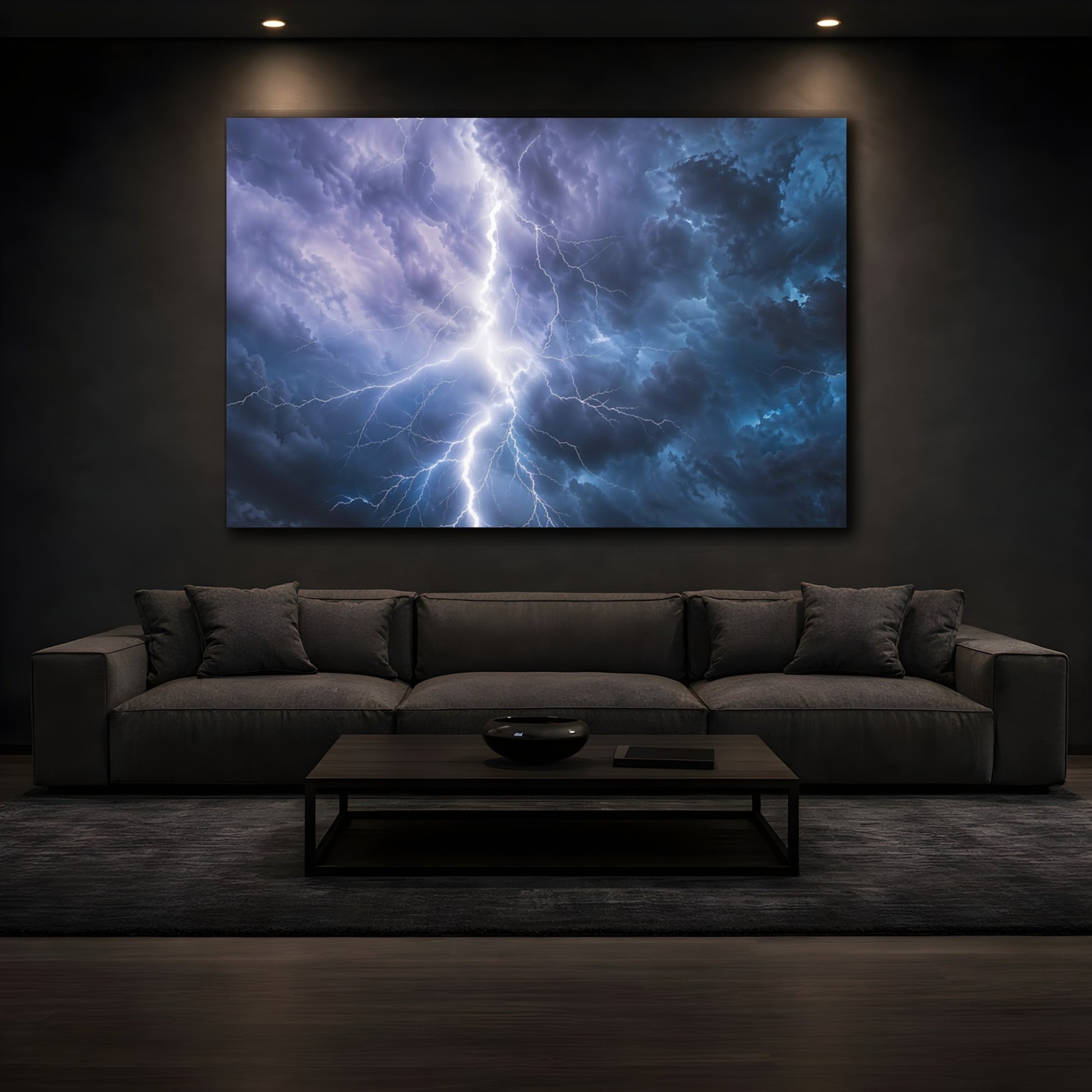Mockup 3. Nature Lightning Storm Blue And Purple Storm shown as stretched canvas wall art