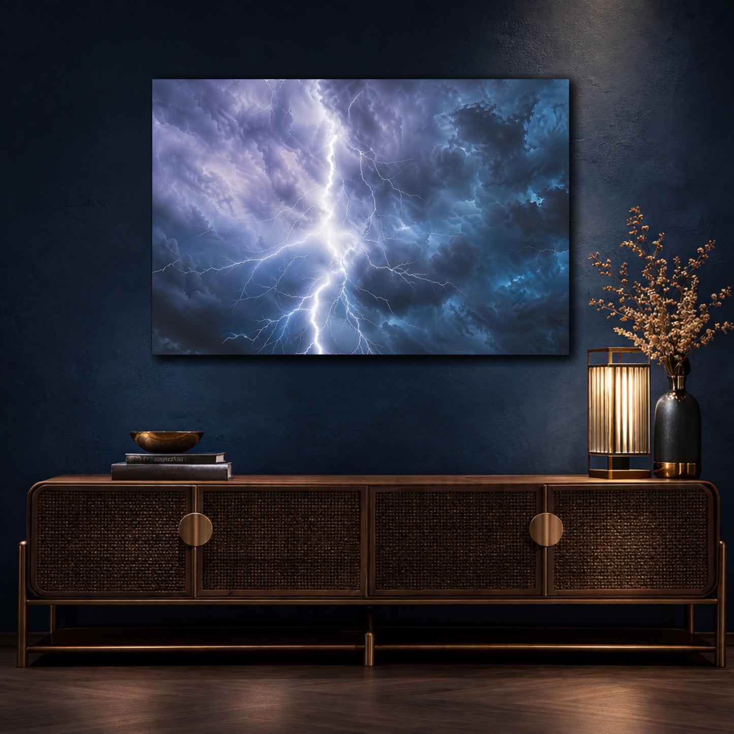 Mockup 4. Nature Lightning Storm Blue And Purple Storm shown as stretched canvas wall art