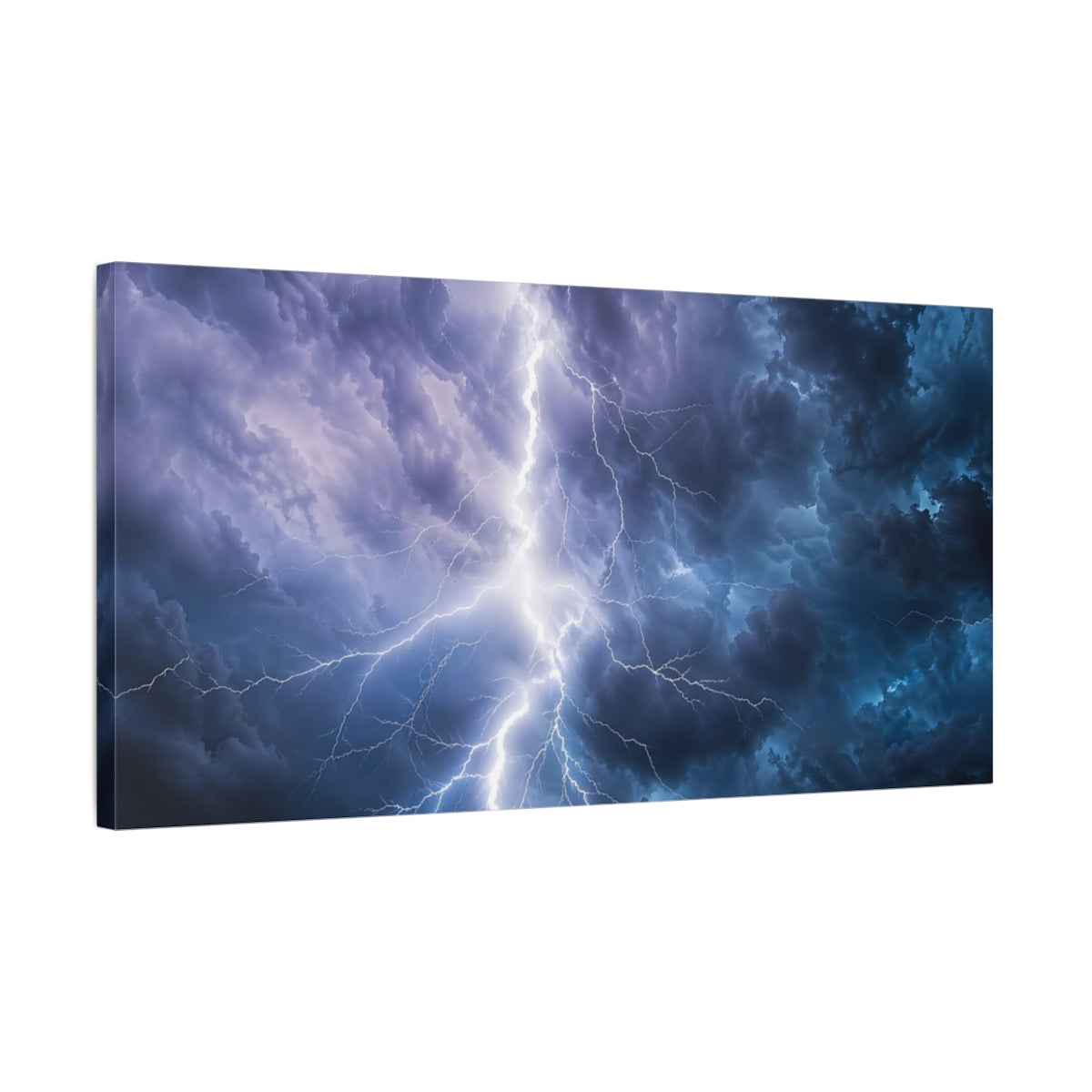 Side Mockup 1. Nature Lightning Storm Blue And White Storm shown as stretched canvas wall art