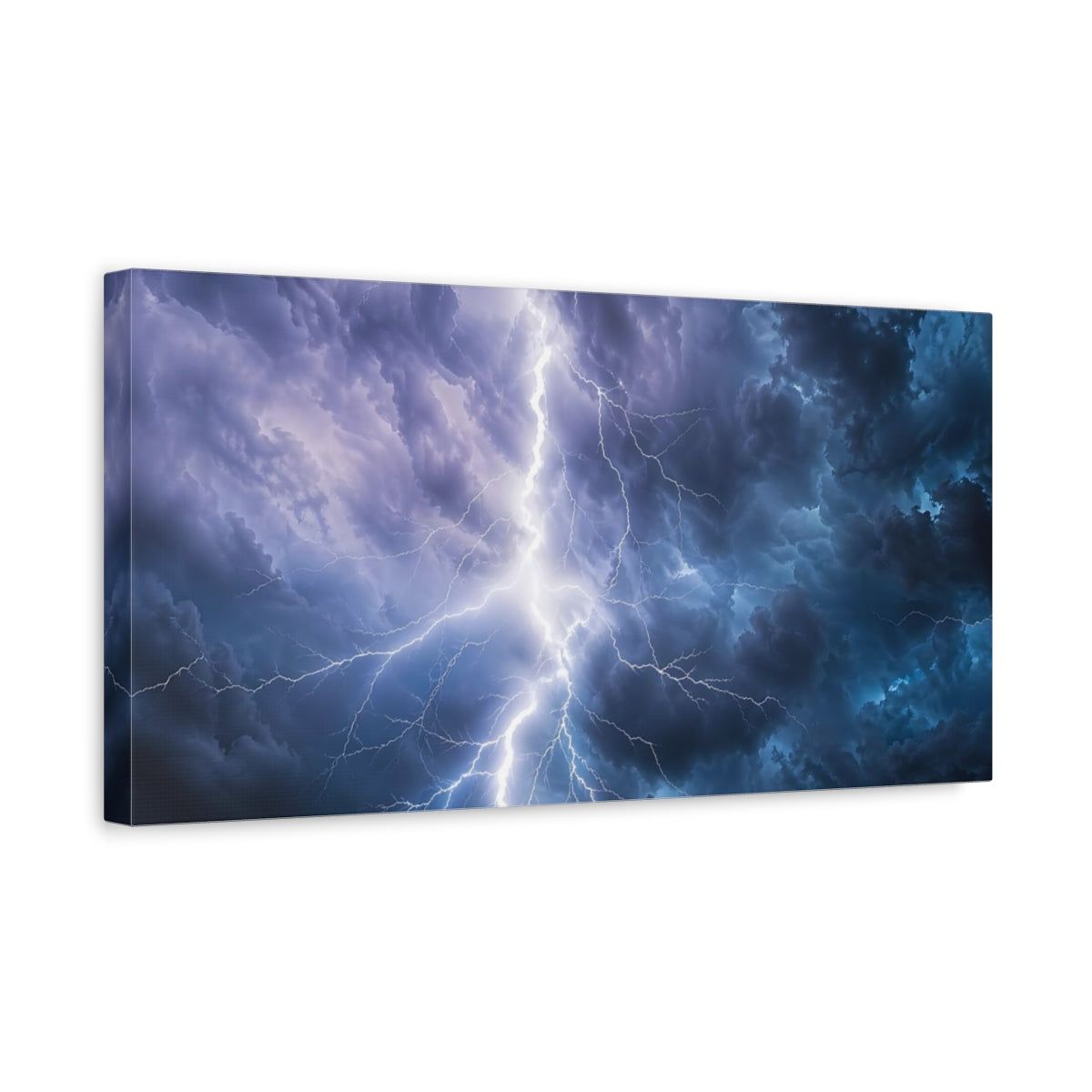 Side Mockup 3. Nature Lightning Storm Blue And White Storm shown as stretched canvas wall art