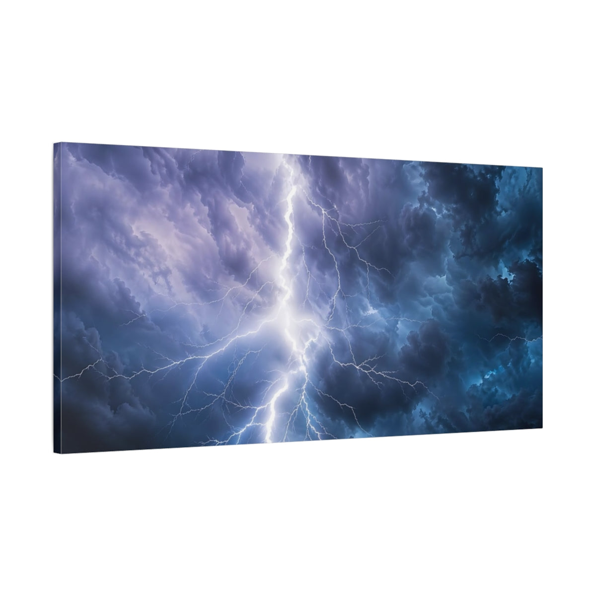 Main Mockup. Nature Lightning Storm Blue And White Storm shown as stretched canvas wall art