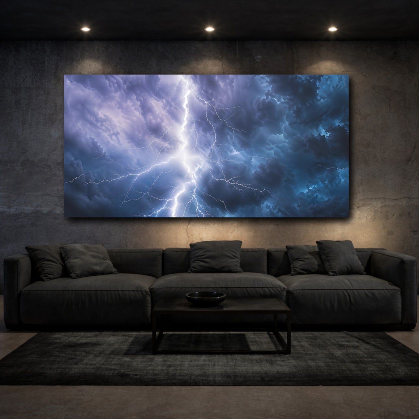 Mockup 2. Nature Lightning Storm Blue And White Storm shown as stretched canvas wall art