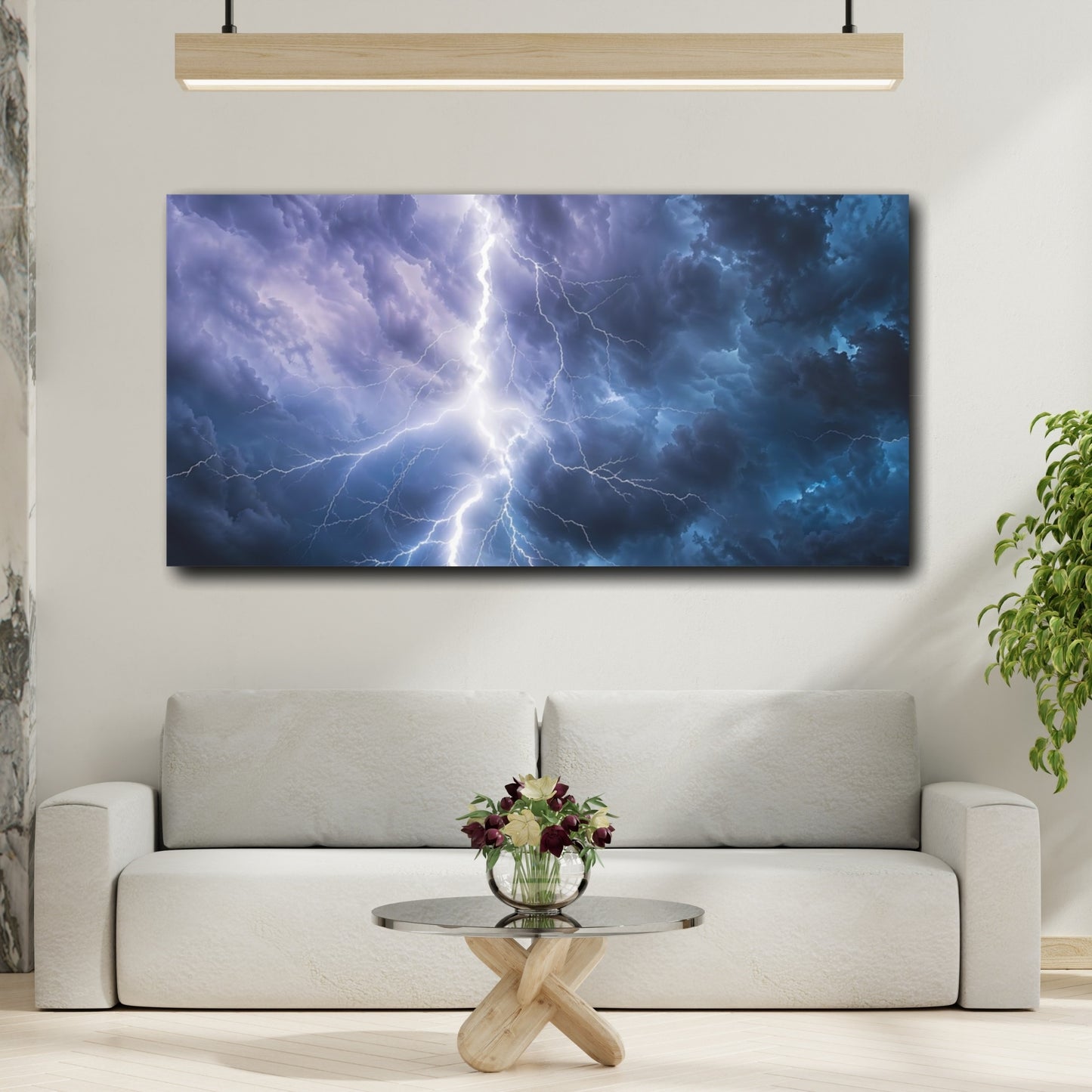 Mockup 3. Nature Lightning Storm Blue And White Storm shown as stretched canvas wall art