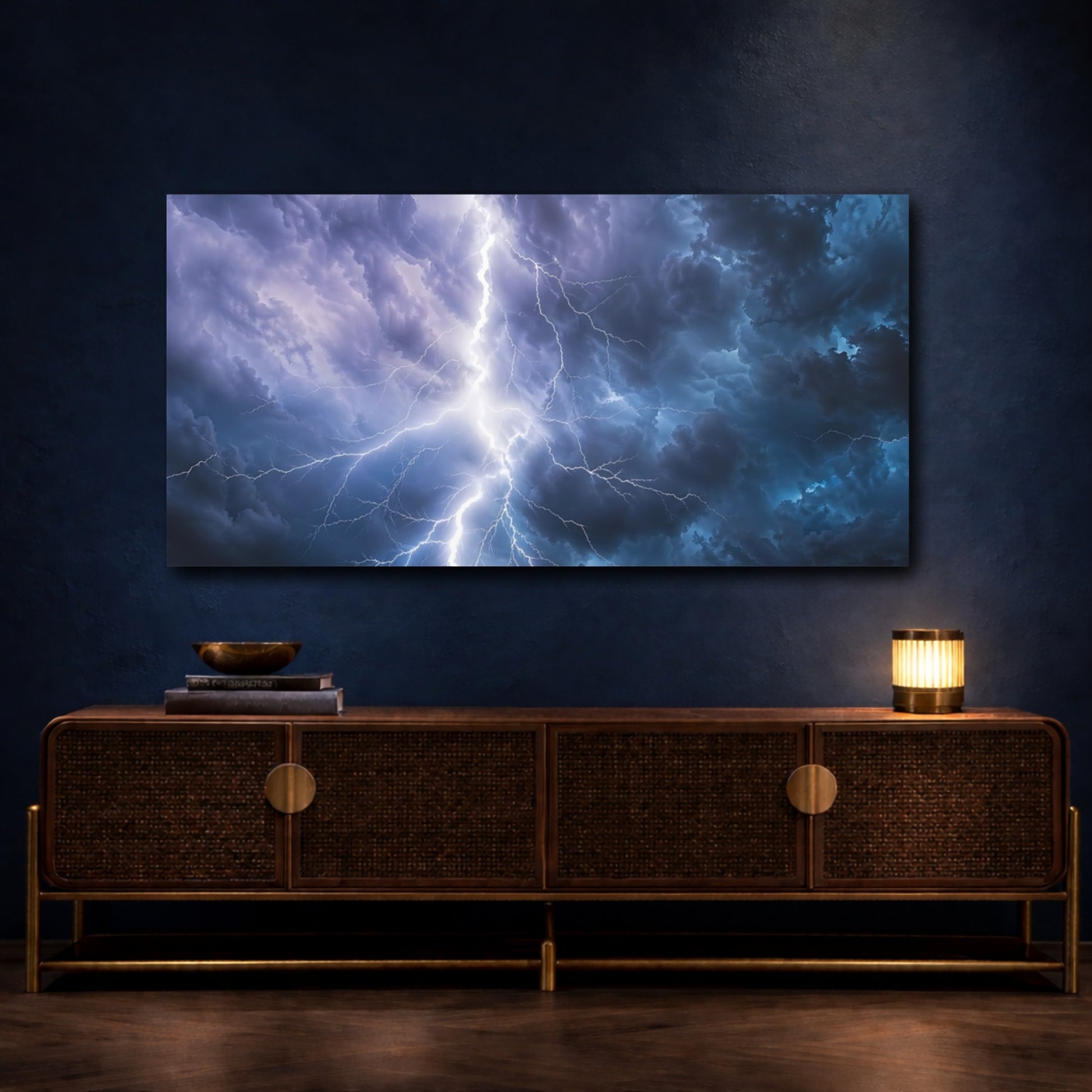 Mockup 4. Nature Lightning Storm Blue And White Storm shown as stretched canvas wall art