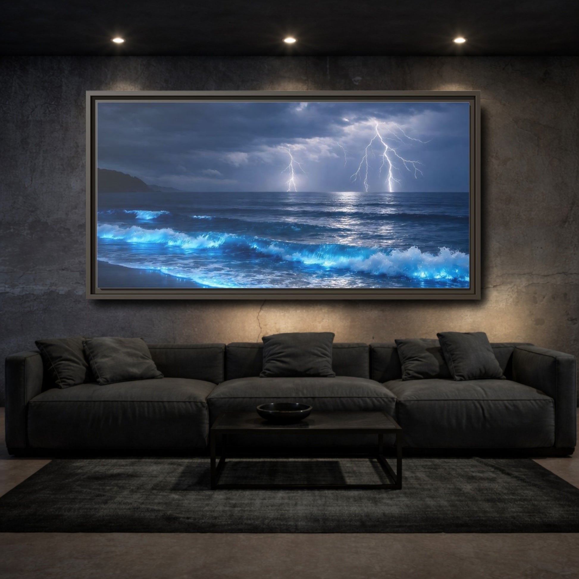 Mockup 2. Nature Lightning Storm Blue Ocean Storm shown as stretched canvas wall art