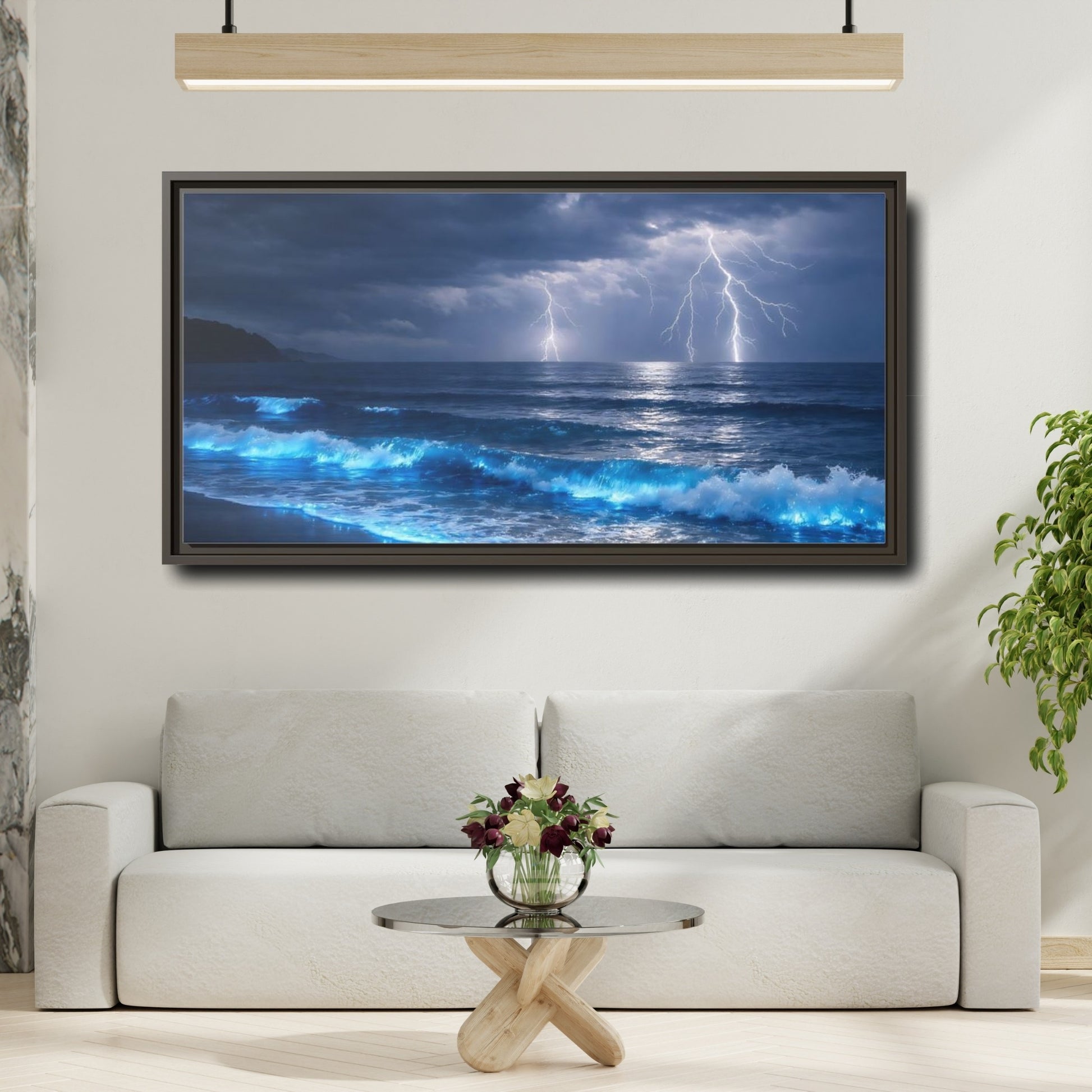 Mockup 3. Nature Lightning Storm Blue Ocean Storm shown as stretched canvas wall art