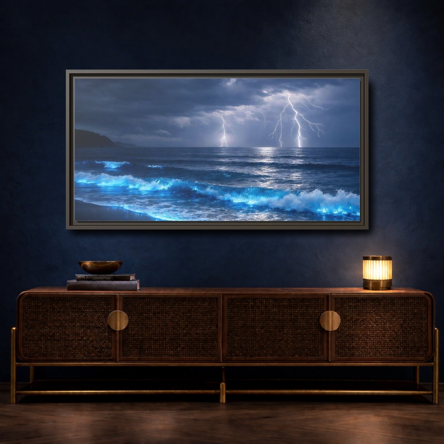Mockup 4. Nature Lightning Storm Blue Ocean Storm shown as stretched canvas wall art