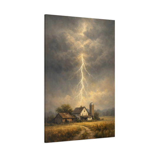 Main Mockup. Nature Lightning Storm Stormy Farm shown as stretched canvas wall art