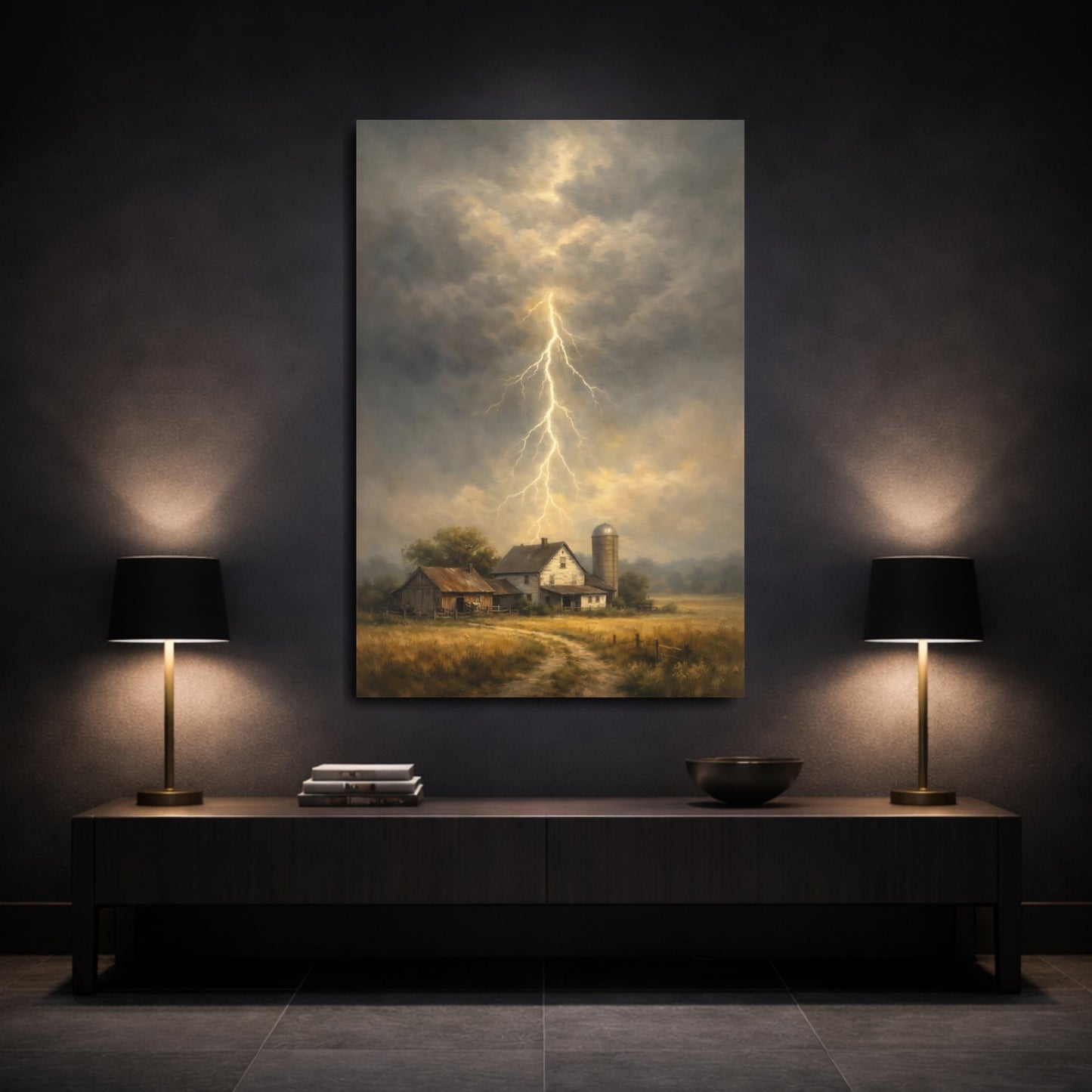 Mockup 2. Nature Lightning Storm Stormy Farm shown as stretched canvas wall art