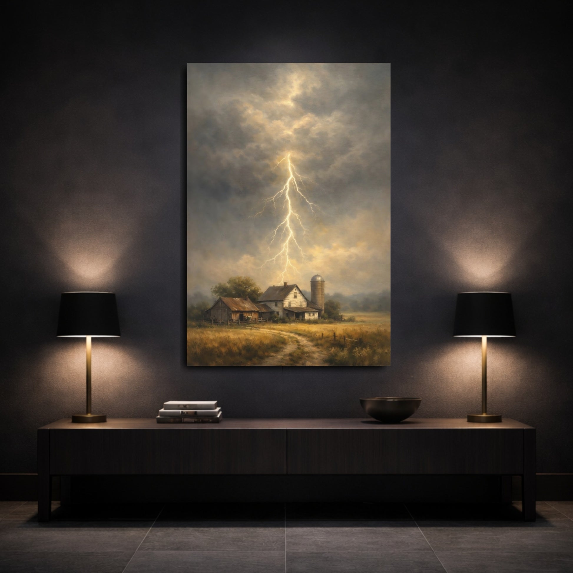 Mockup 2. Nature Lightning Storm Stormy Farm shown as stretched canvas wall art