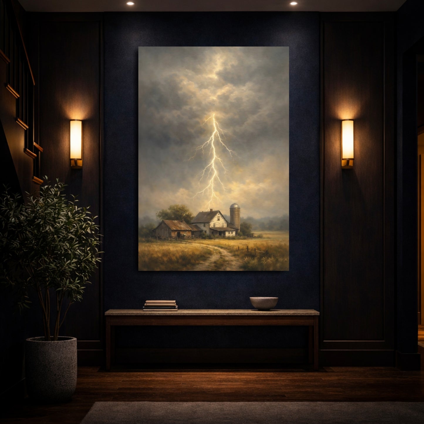 Mockup 3. Nature Lightning Storm Stormy Farm shown as stretched canvas wall art
