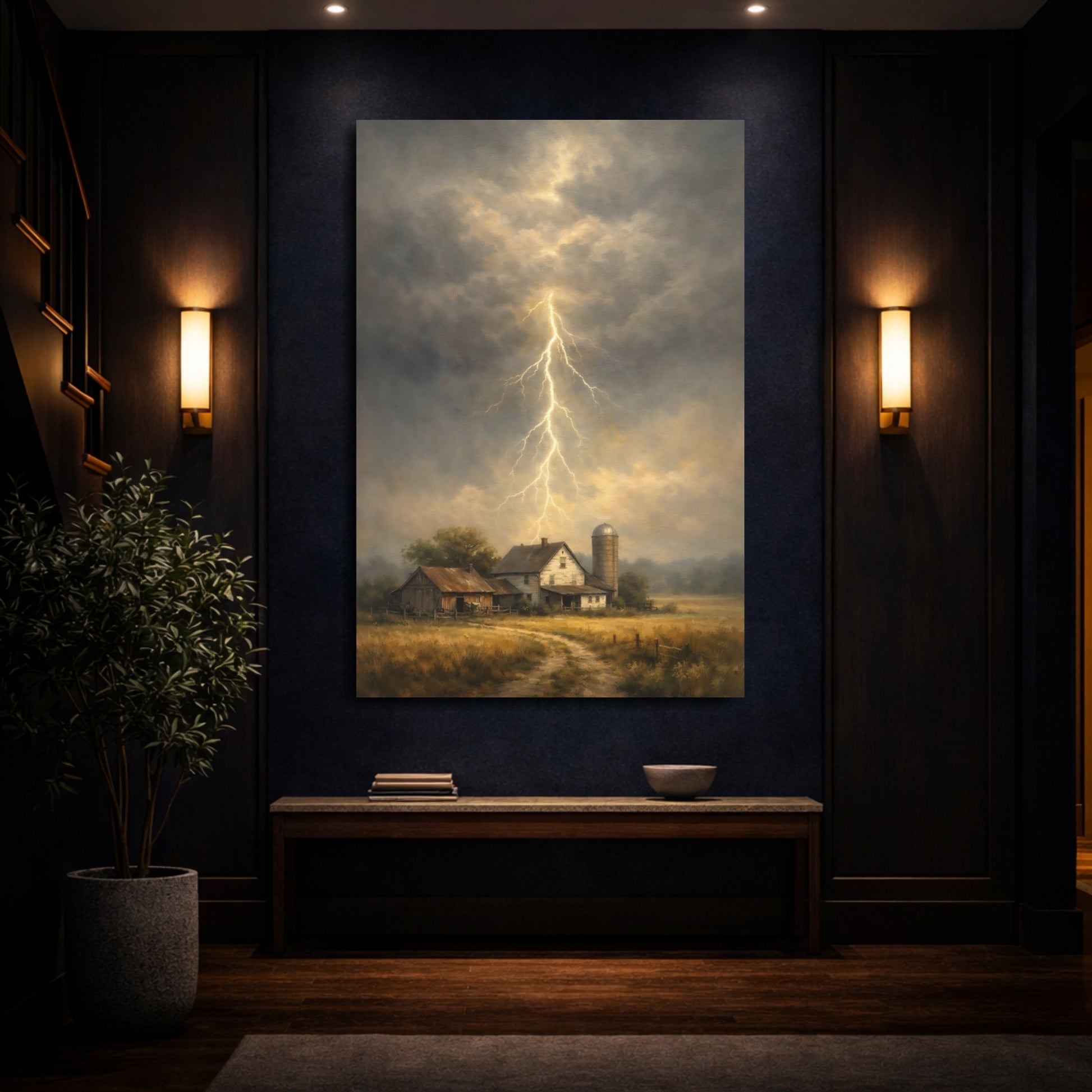 Mockup 3. Nature Lightning Storm Stormy Farm shown as stretched canvas wall art