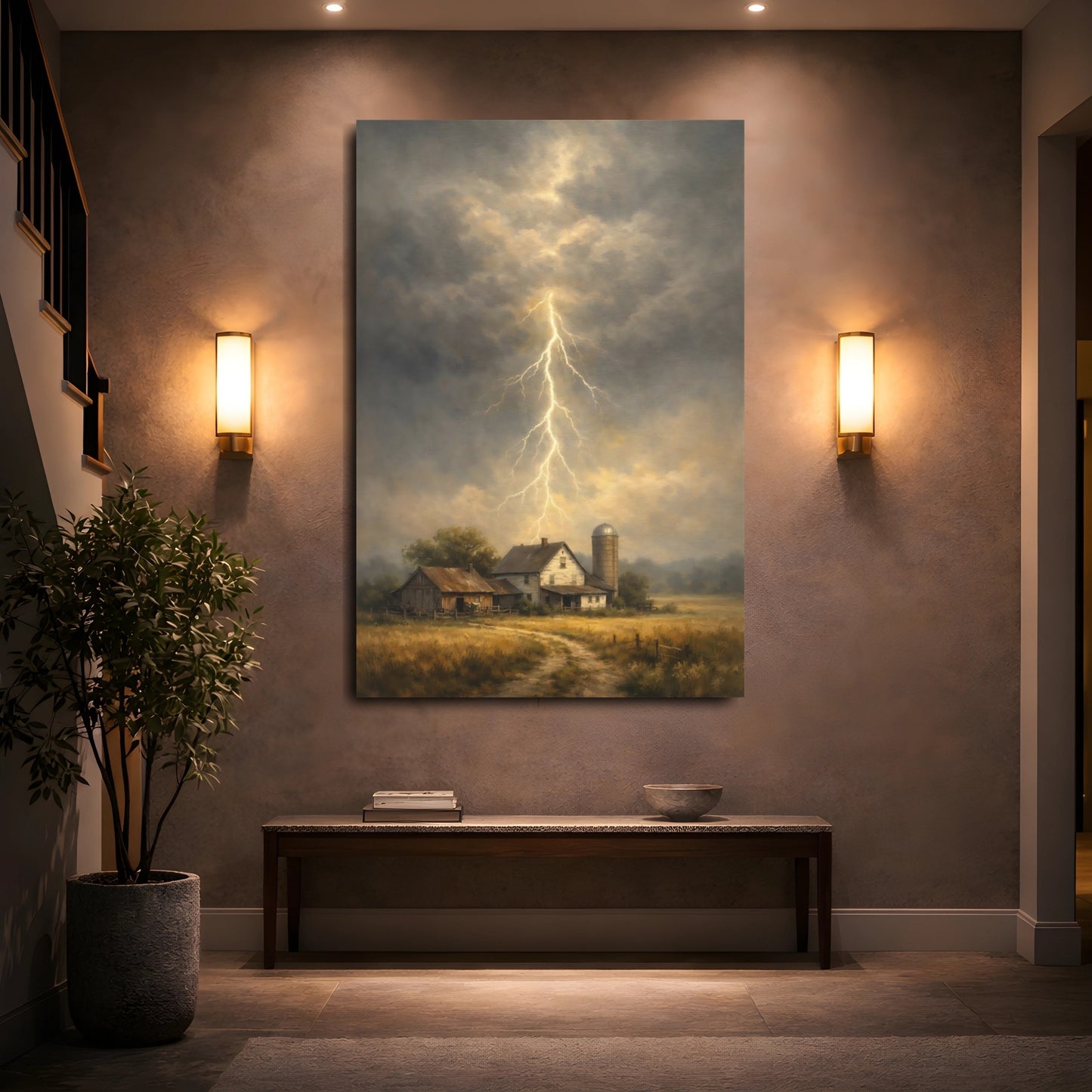 Mockup 4. Nature Lightning Storm Stormy Farm shown as stretched canvas wall art